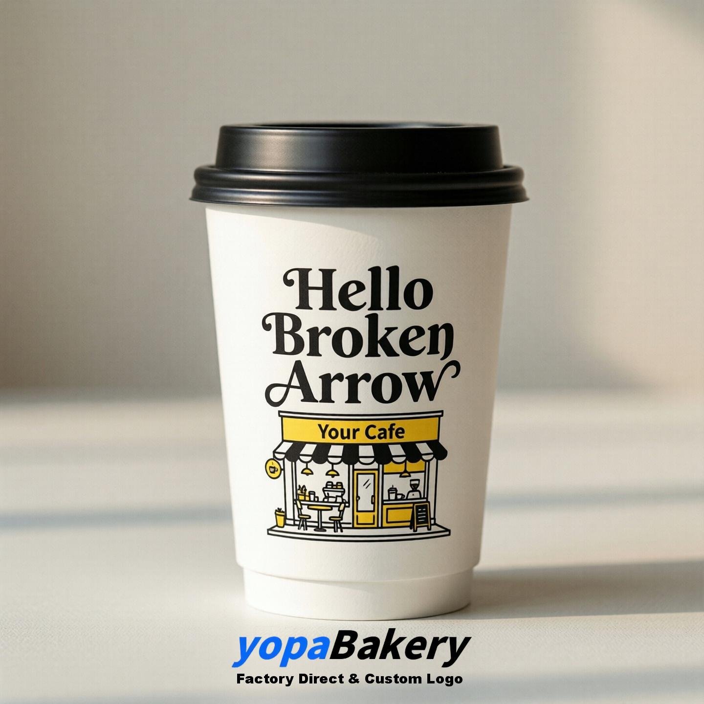 'Welcome to Broken Arrow' Paper Coffee Cups | Broken Arrow Cafe Packaging Design Firm