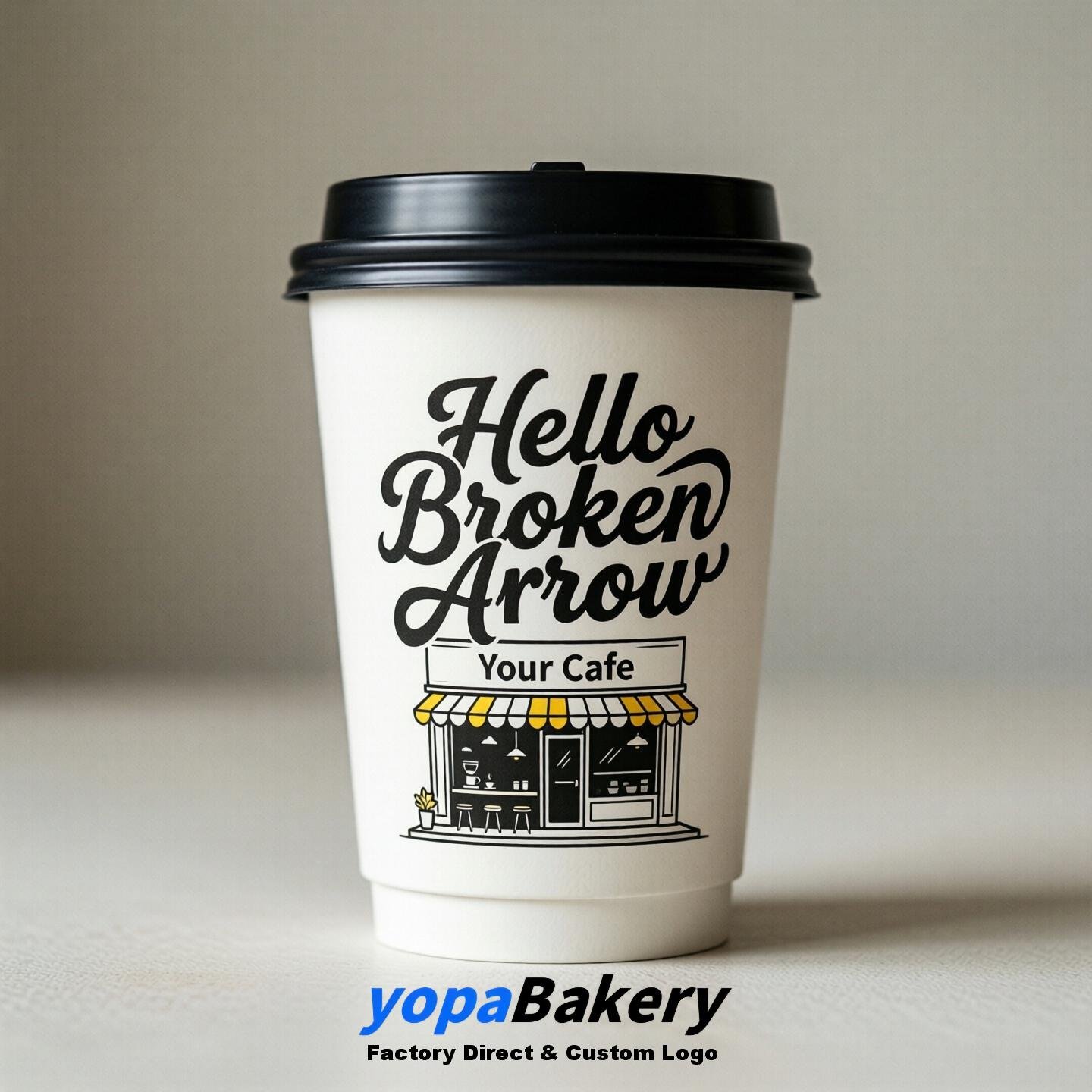 'Welcome to Broken Arrow' Paper Coffee Cups | Broken Arrow Cafe Packaging Design Firm