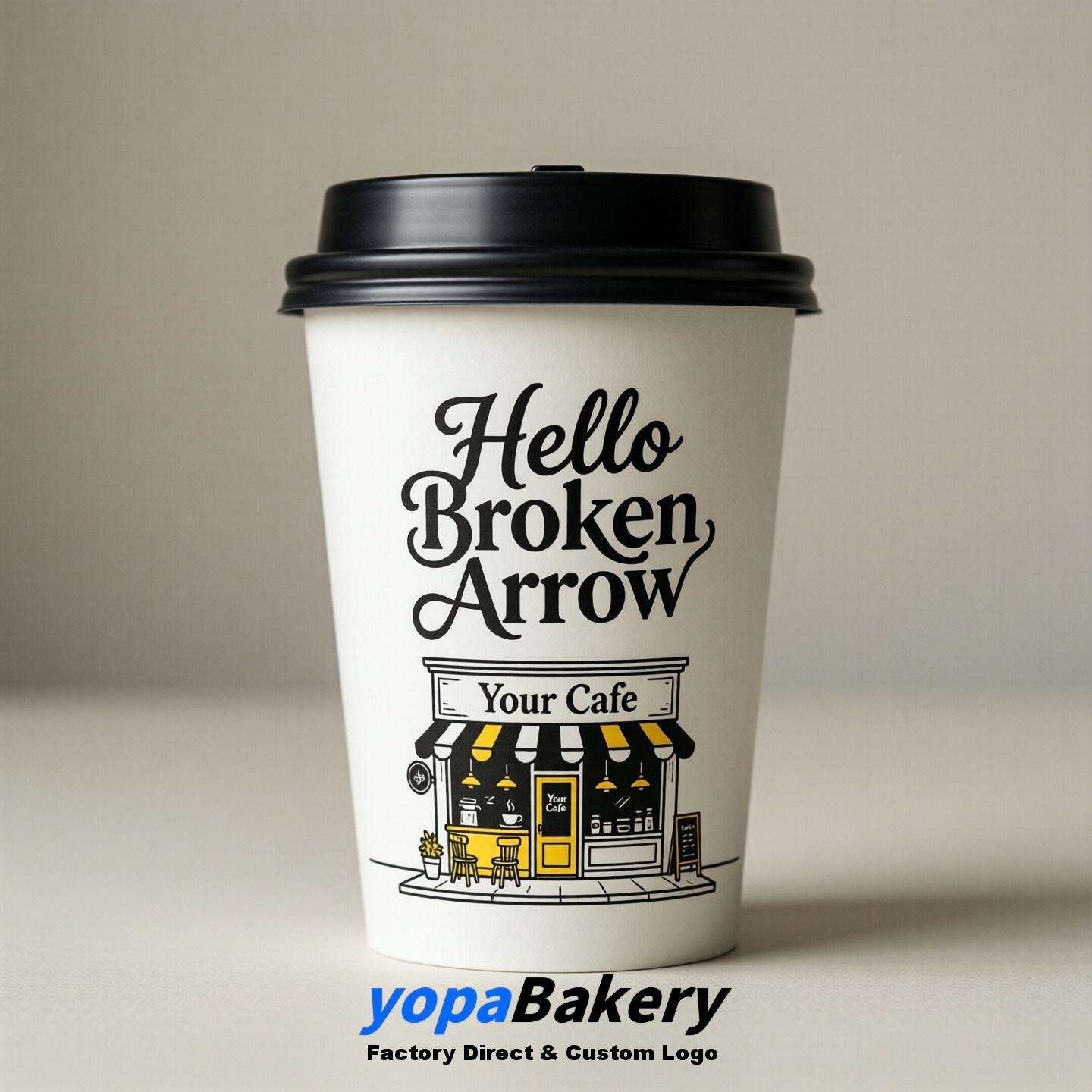 'Welcome to Broken Arrow' Paper Coffee Cups | Broken Arrow Cafe Packaging Design Firm