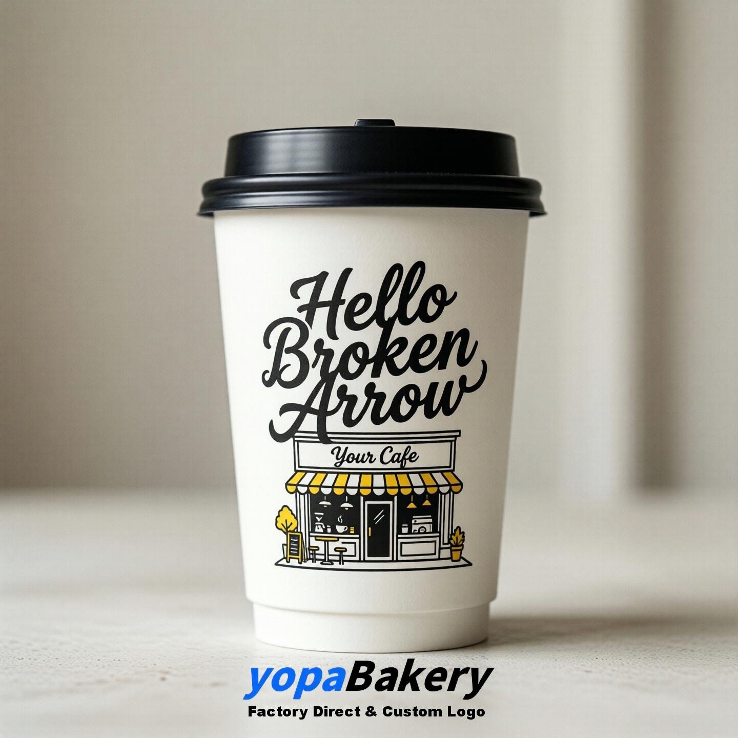 'Welcome to Broken Arrow' Paper Coffee Cups | Broken Arrow Cafe Packaging Design Firm