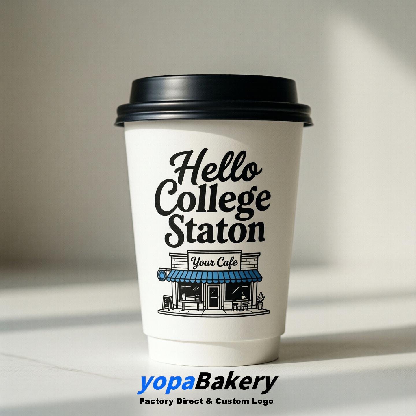 'Welcome to College Station' Paper Coffee Cups | College Station Cafe Packaging Design Firm