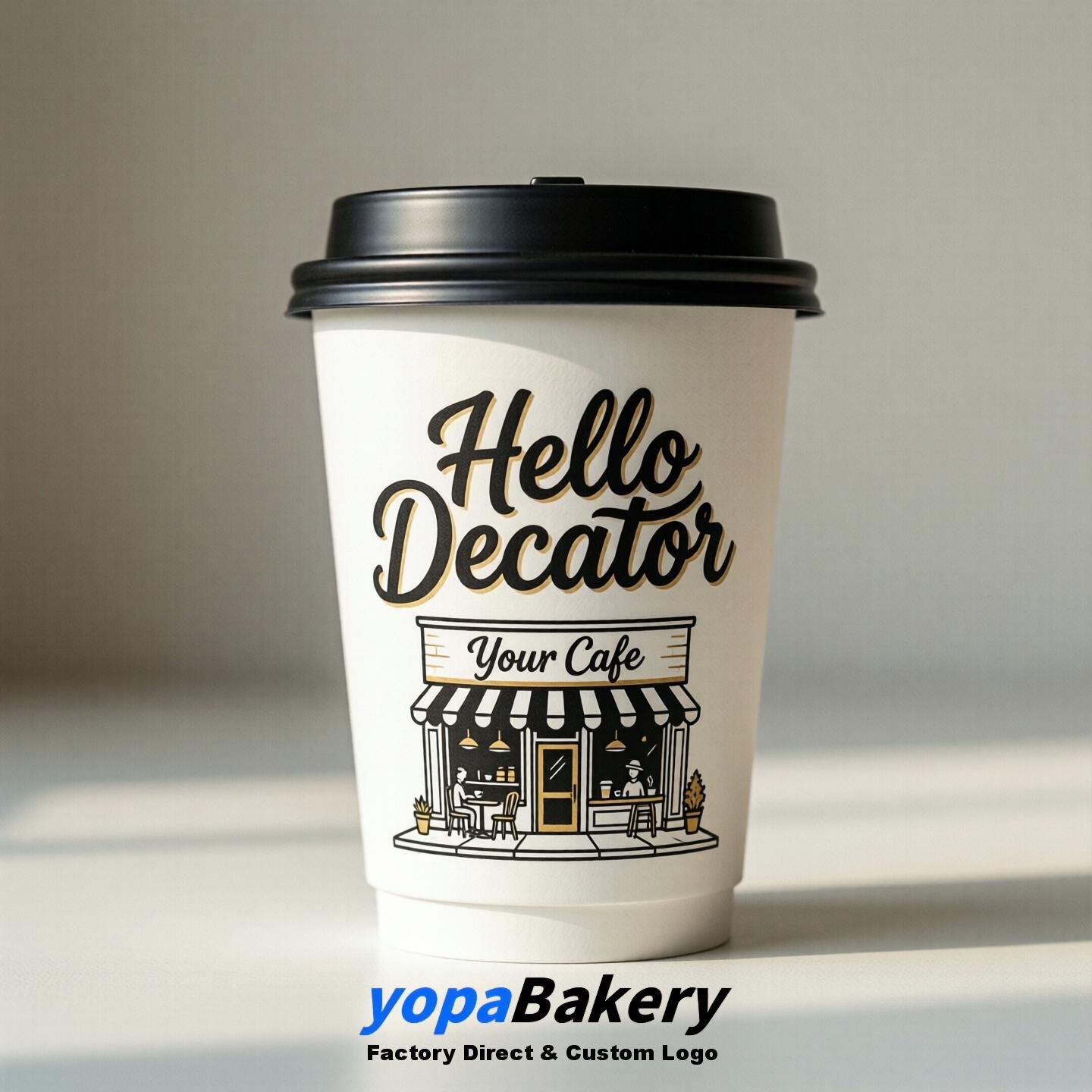 'Hello Decatur' Paper Coffee Cups | Decatur Cafe Packaging Design Agency
