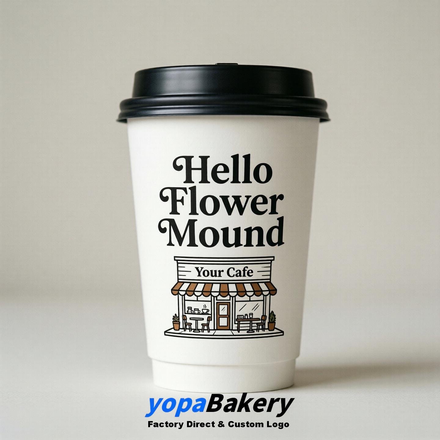 'Hello Flower Mound' Paper Coffee Cups | Flower Mound Cafe Packaging Design Agency