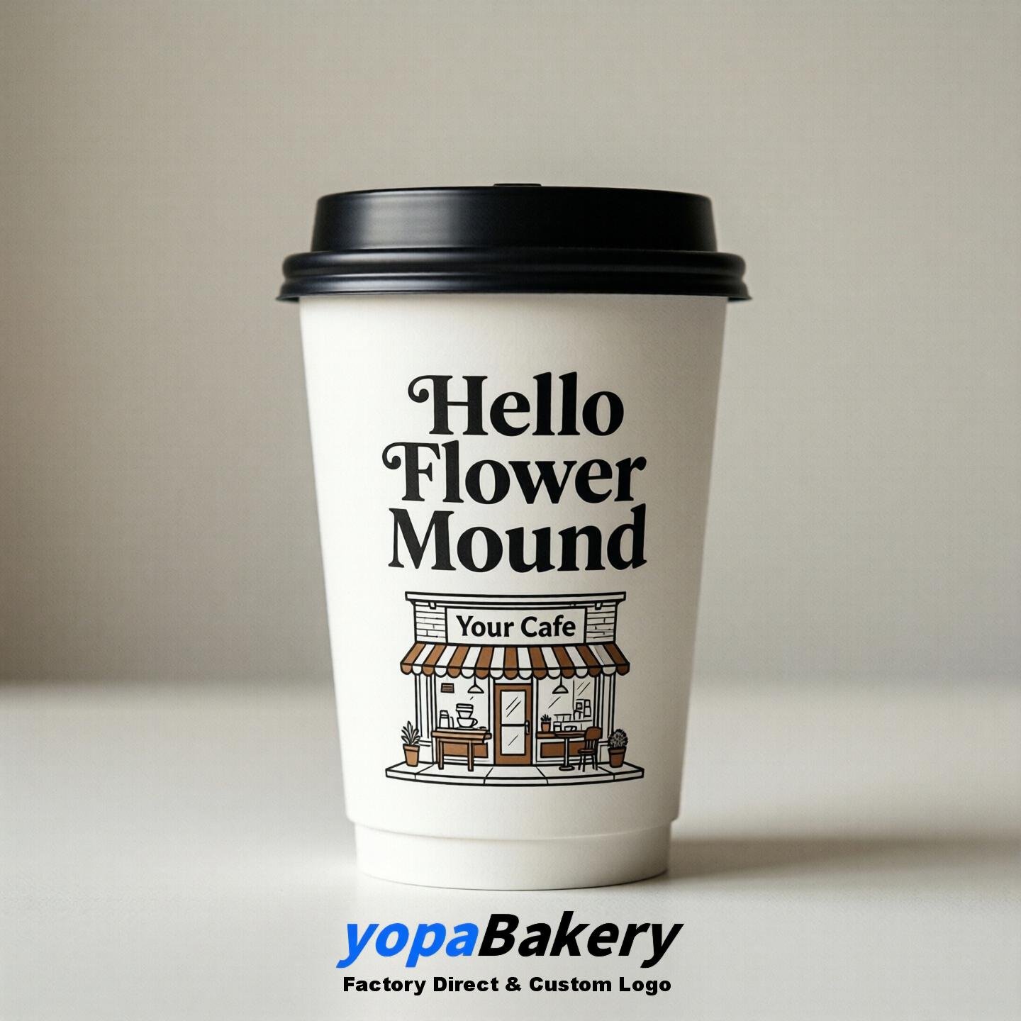 'Hello Flower Mound' Paper Coffee Cups | Flower Mound Cafe Packaging Design Agency