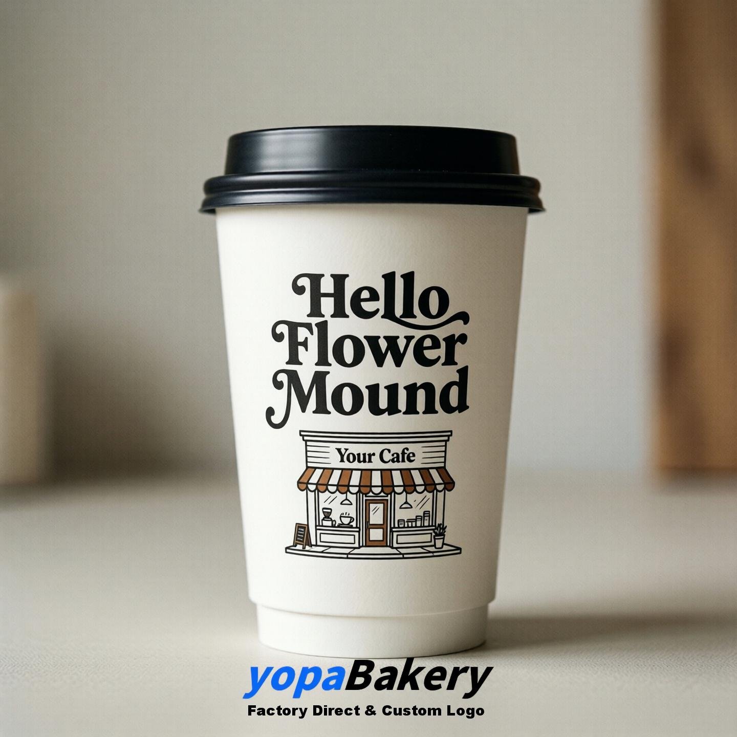'Hello Flower Mound' Paper Coffee Cups | Flower Mound Cafe Packaging Design Agency