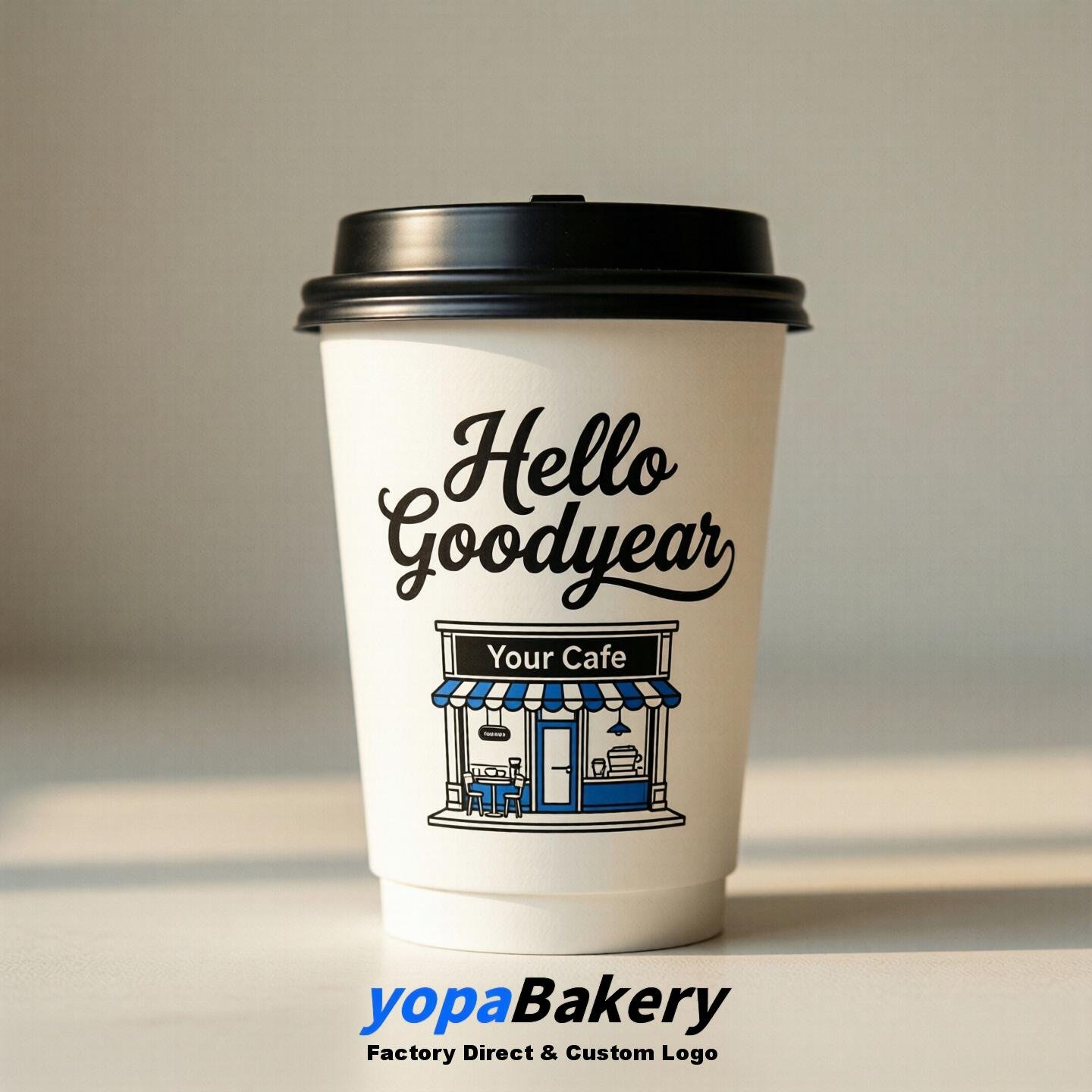 'Hello Goodyear' Paper Coffee Cups | Goodyear Cafe Packaging Design Agency