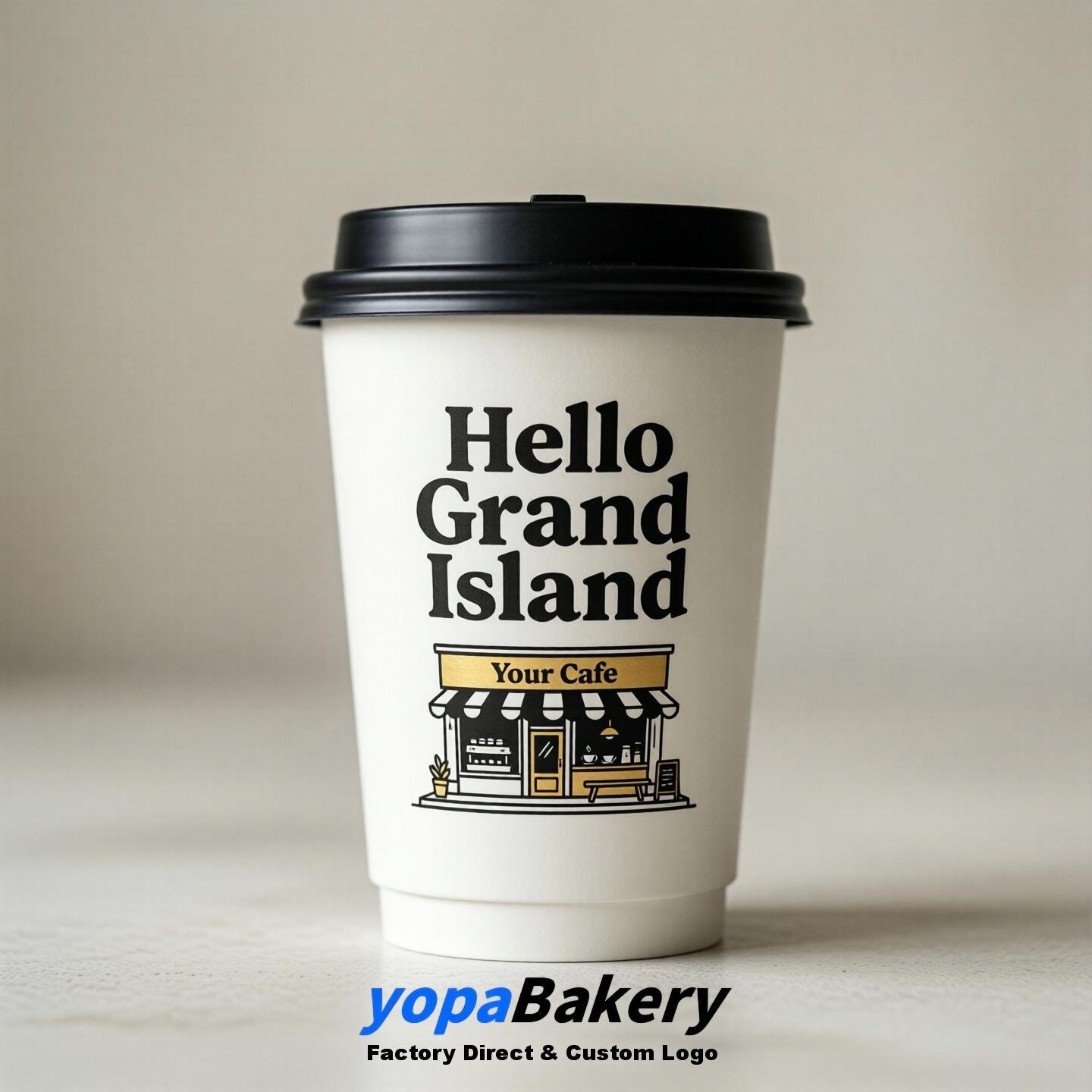 'Hello Grand Island' Paper Coffee Cups | Grand Island Cafe Packaging Design Agency