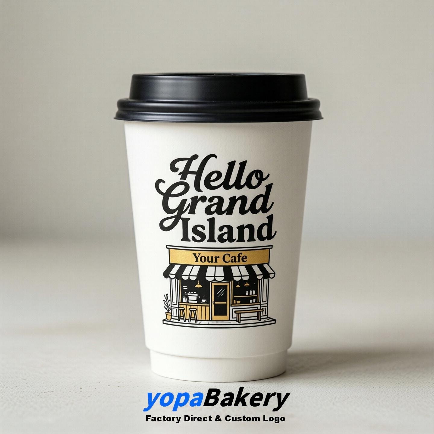 'Hello Grand Island' Paper Coffee Cups | Grand Island Cafe Packaging Design Agency