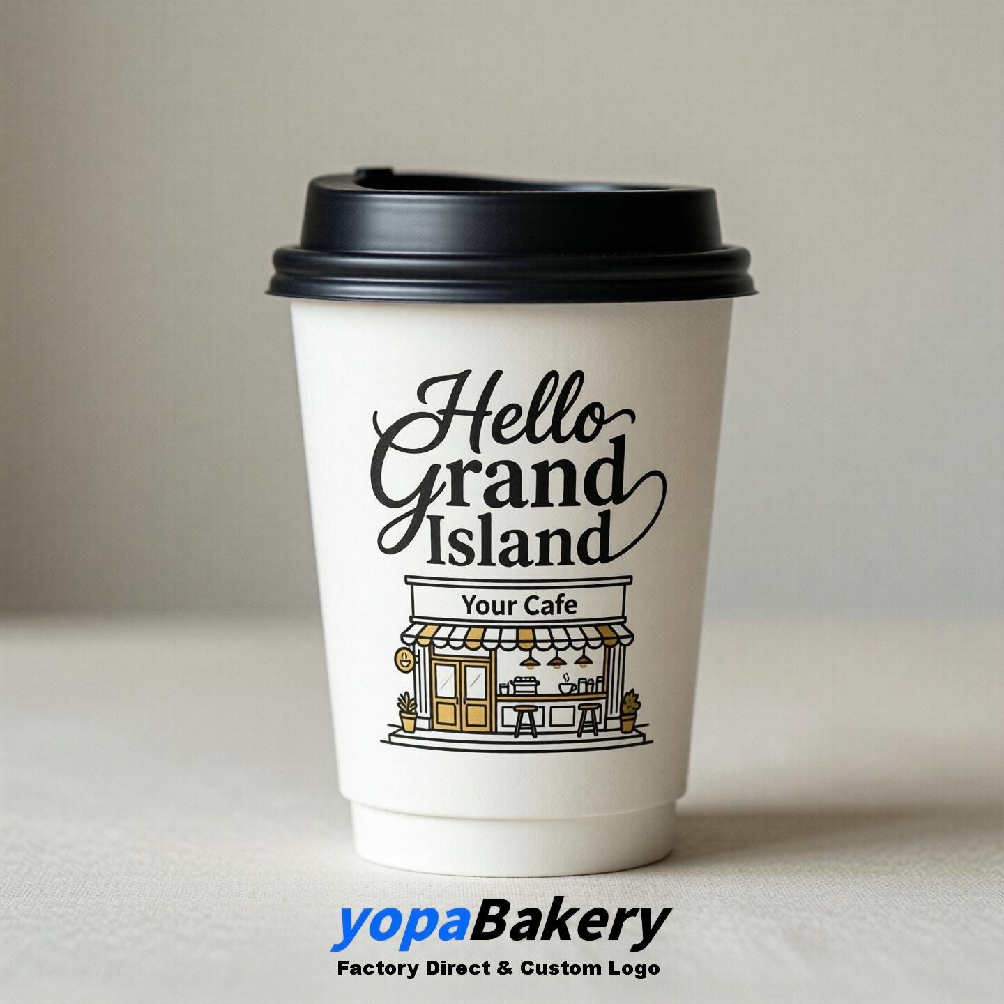 'Hello Grand Island' Paper Coffee Cups | Grand Island Cafe Packaging Design Agency
