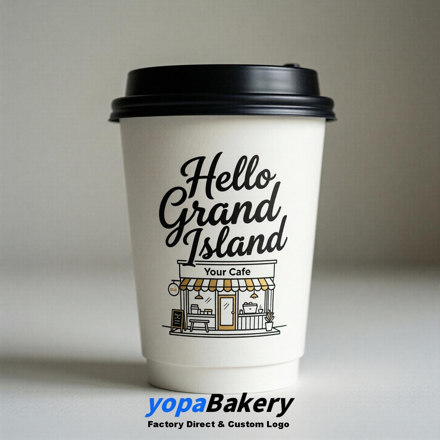 'Hello Grand Island' Paper Coffee Cups | Grand Island Cafe Packaging Design Agency
