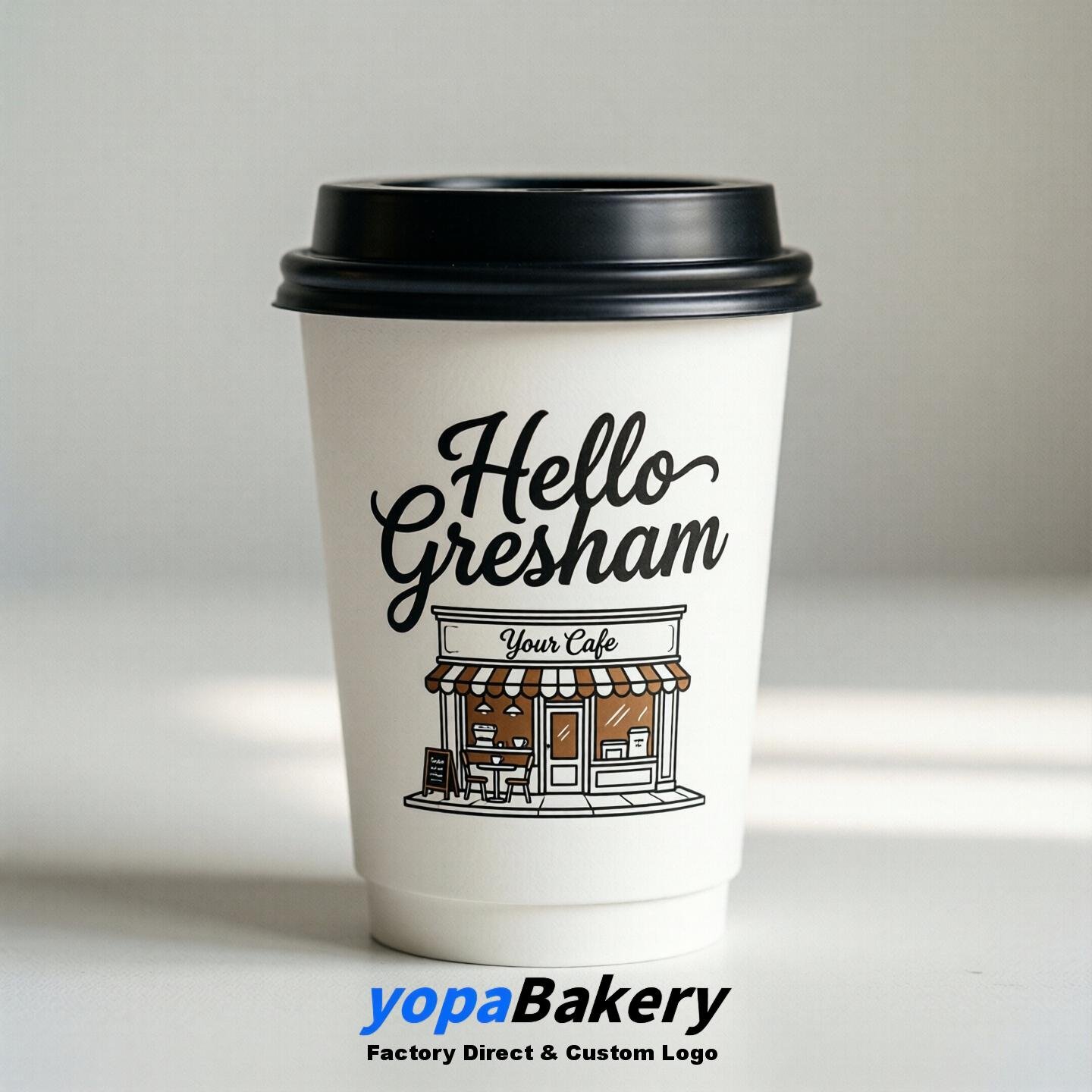 'Welcome to Gresham' Paper Coffee Cups | Gresham Cafe Packaging Design Firm