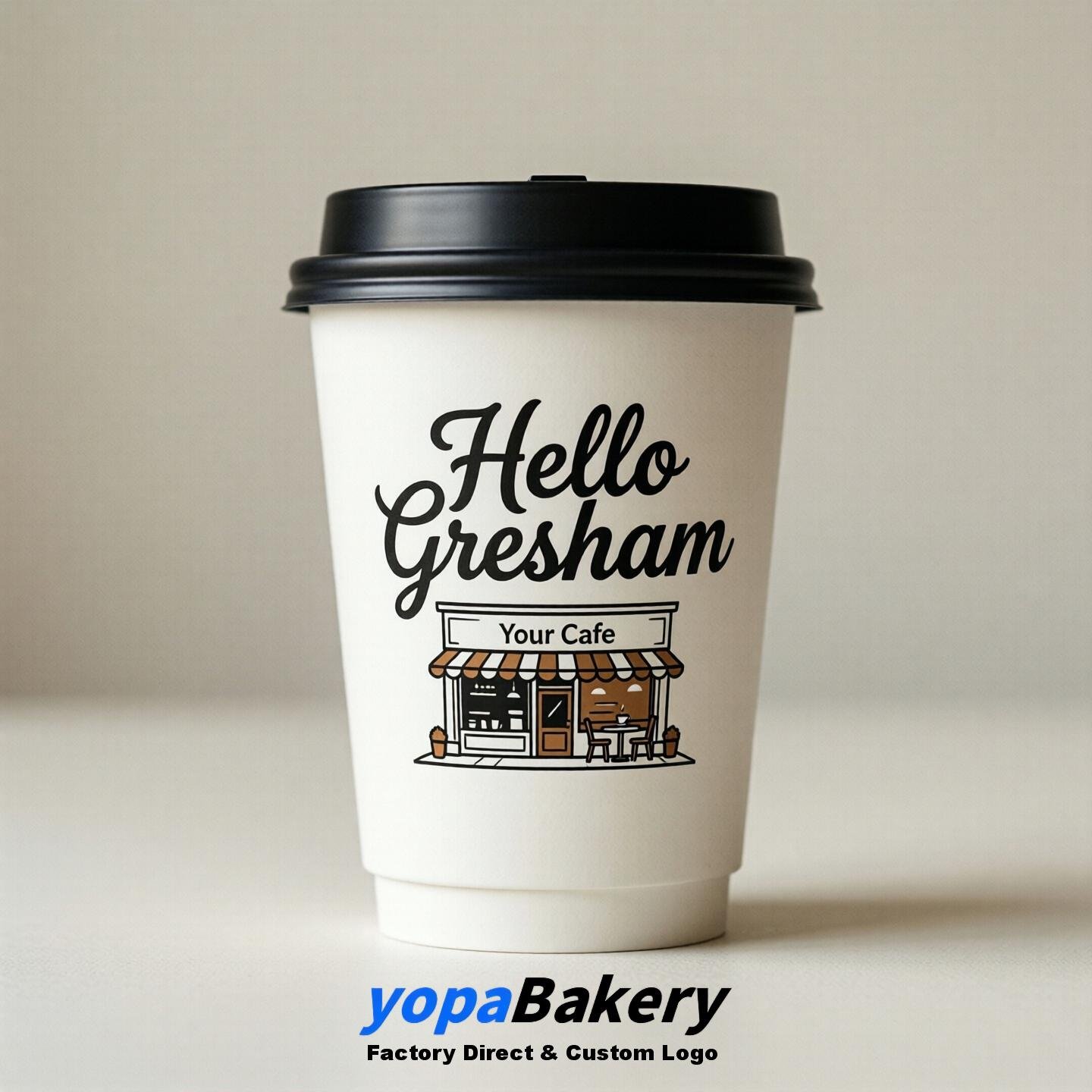 'Welcome to Gresham' Paper Coffee Cups | Gresham Cafe Packaging Design Firm