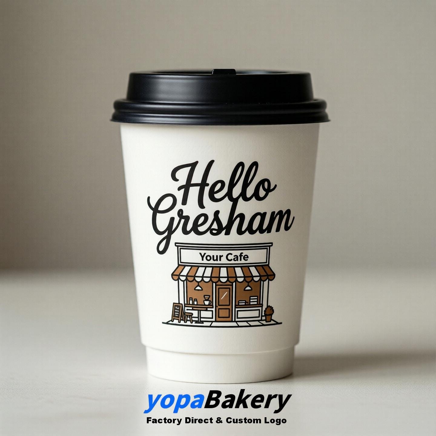 'Welcome to Gresham' Paper Coffee Cups | Gresham Cafe Packaging Design Firm