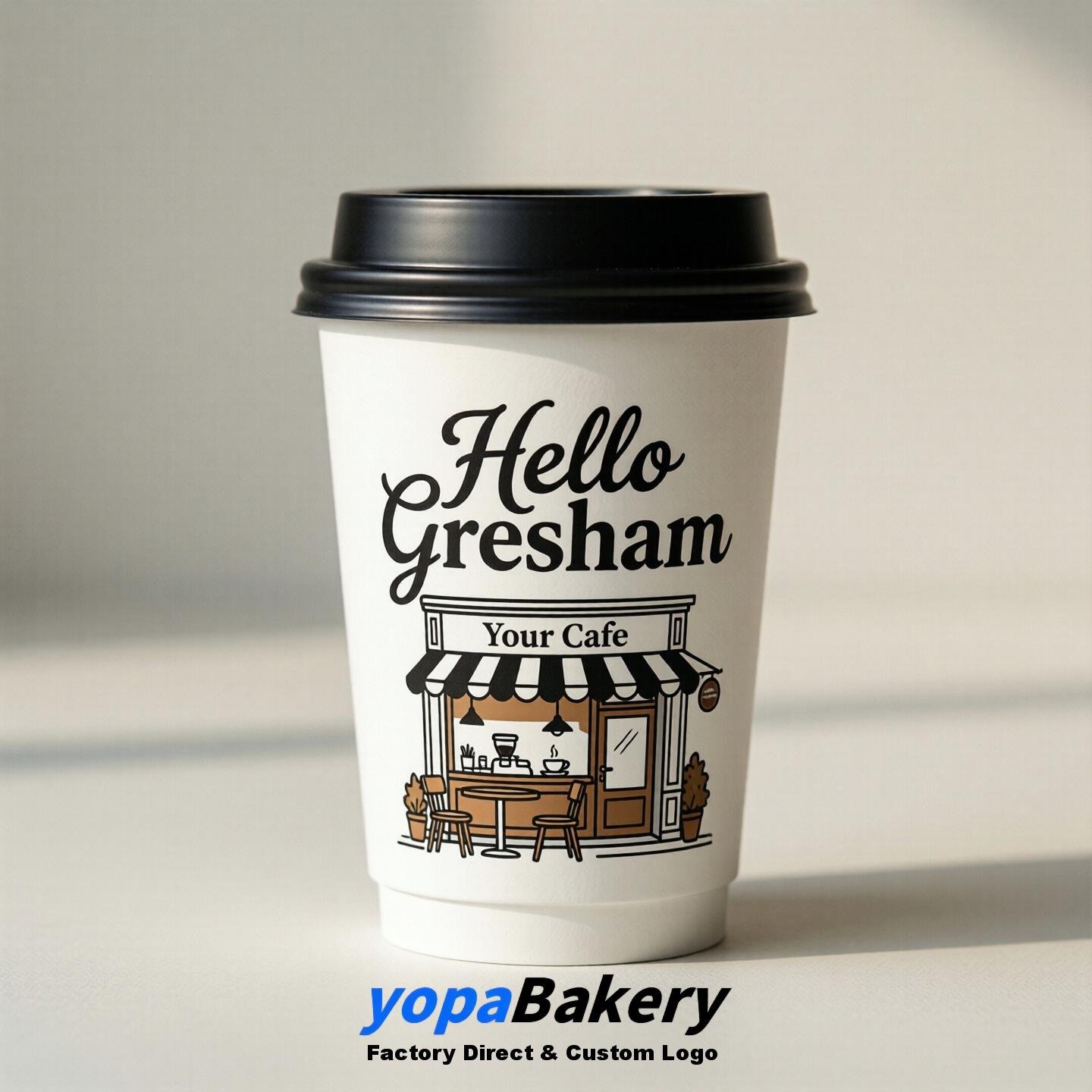 'Welcome to Gresham' Paper Coffee Cups | Gresham Cafe Packaging Design Firm