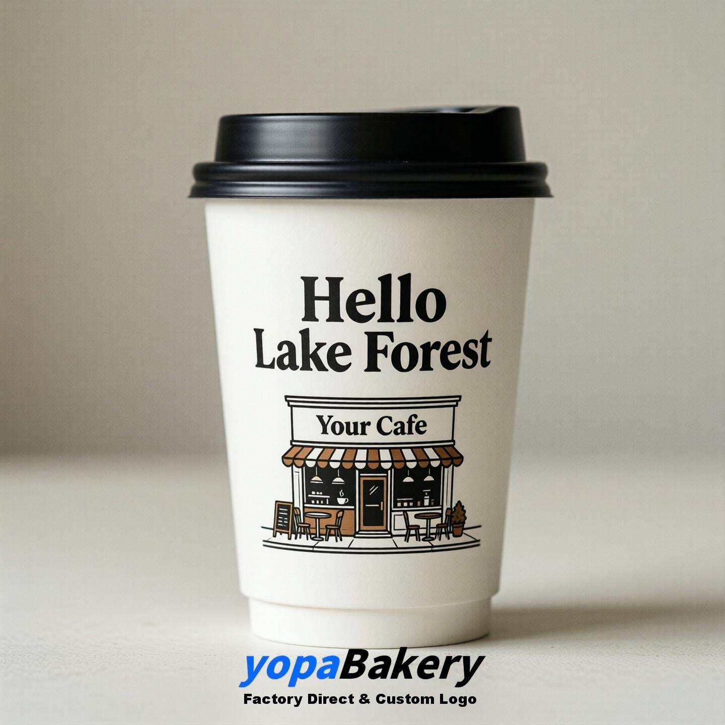 'Hello Lake Forest' Paper Coffee Cups | Lake Forest Cafe Packaging Design Agency
