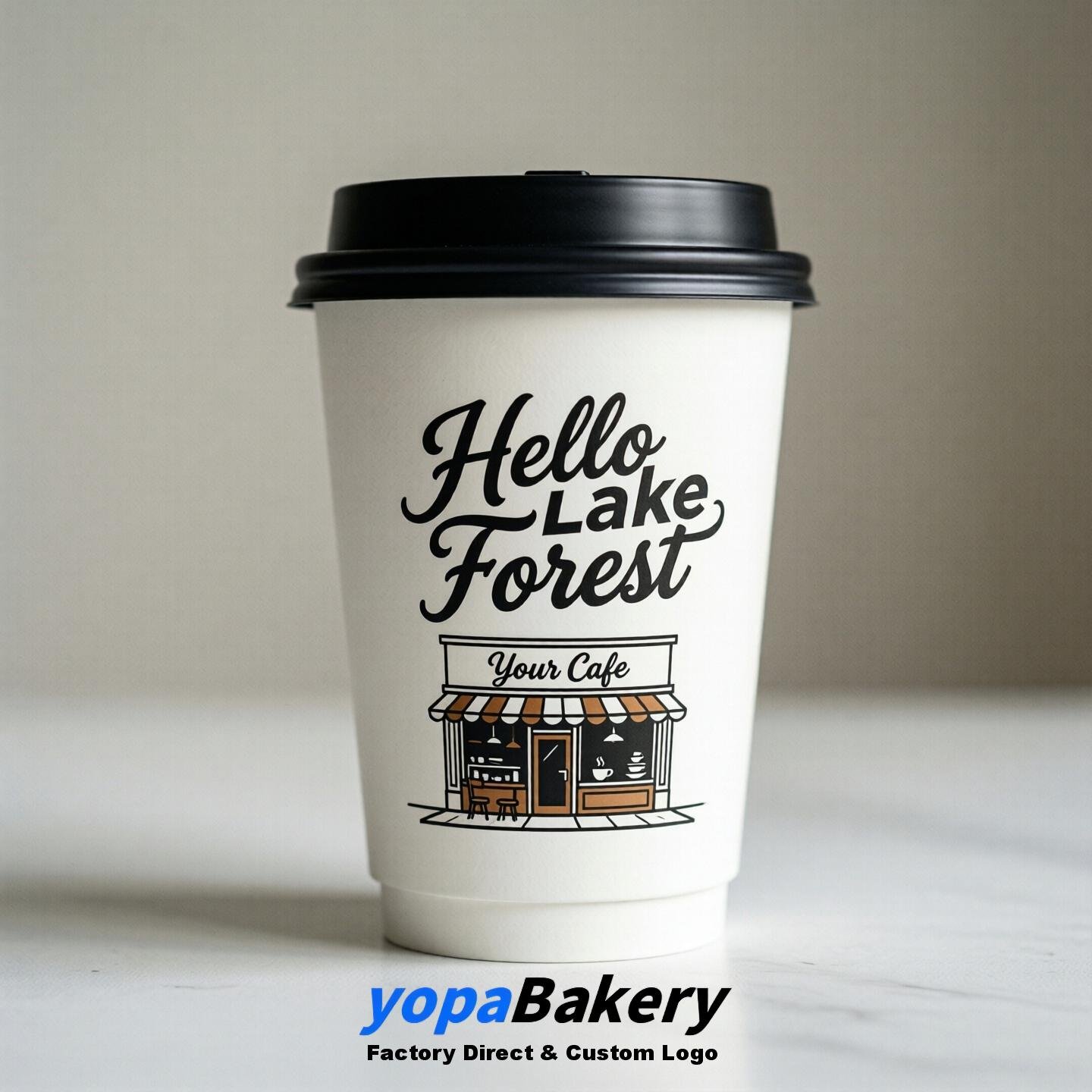 'Hello Lake Forest' Paper Coffee Cups | Lake Forest Cafe Packaging Design Agency