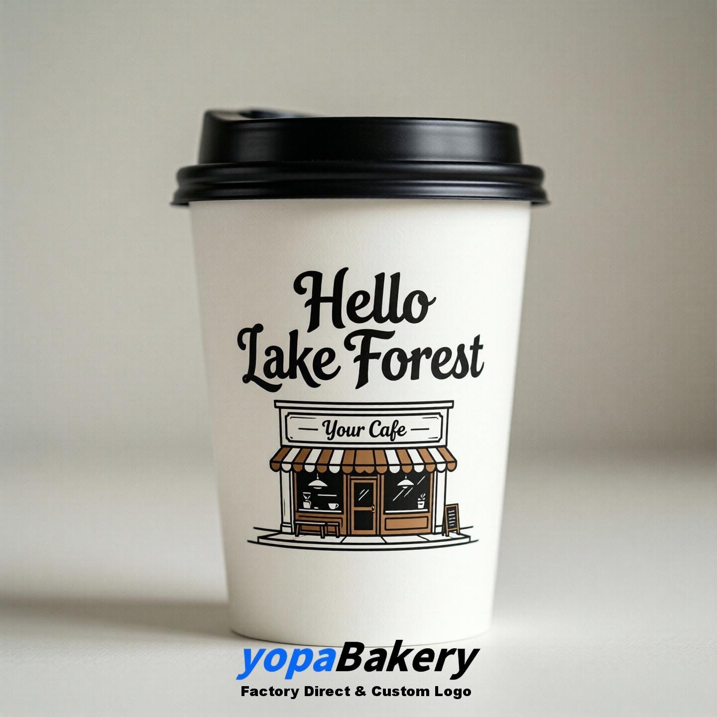 'Hello Lake Forest' Paper Coffee Cups | Lake Forest Cafe Packaging Design Agency