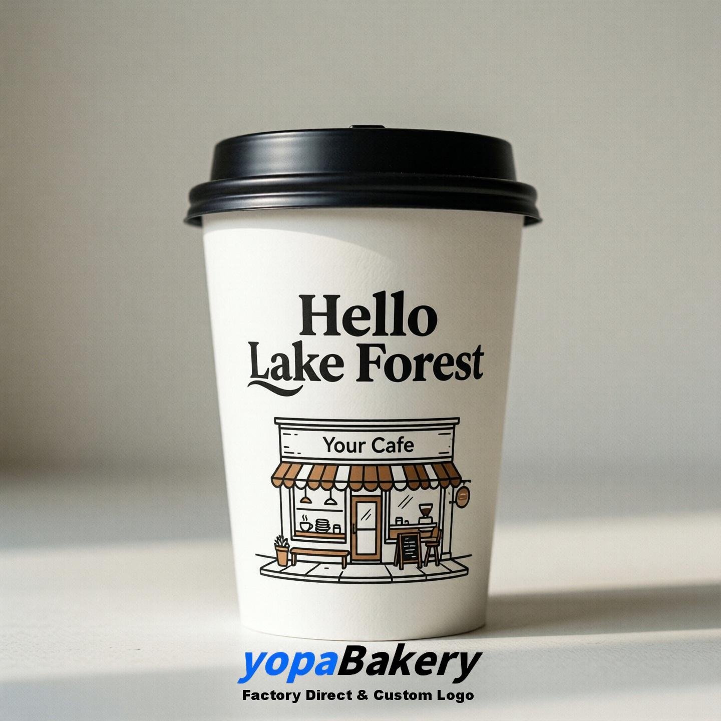 'Hello Lake Forest' Paper Coffee Cups | Lake Forest Cafe Packaging Design Agency