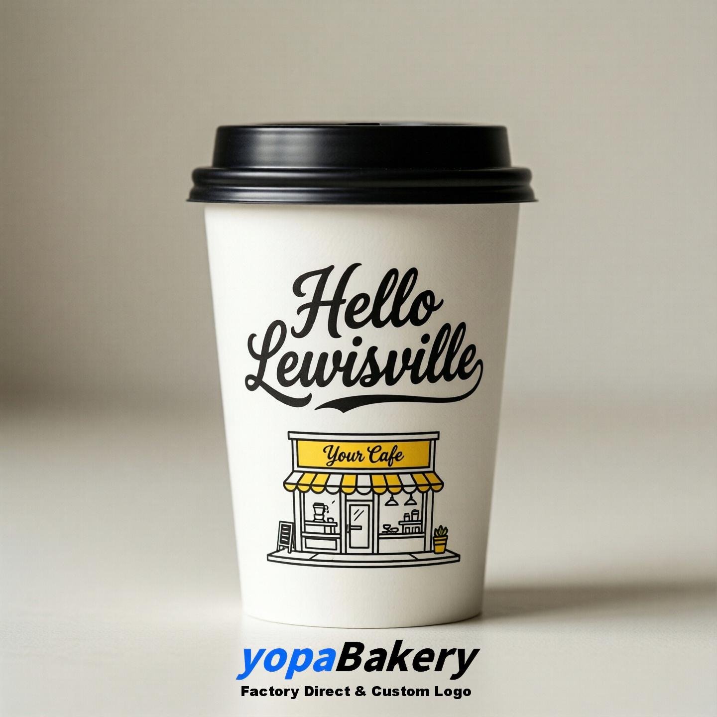 'Welcome to Lewisville' Paper Coffee Cups | Lewisville Cafe Packaging Design Firm