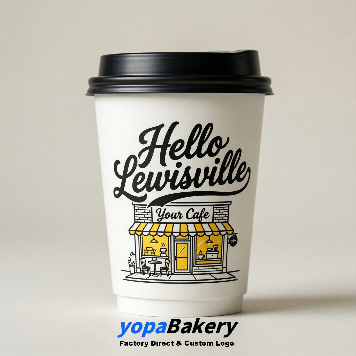 'Welcome to Lewisville' Paper Coffee Cups | Lewisville Cafe Packaging Design Firm