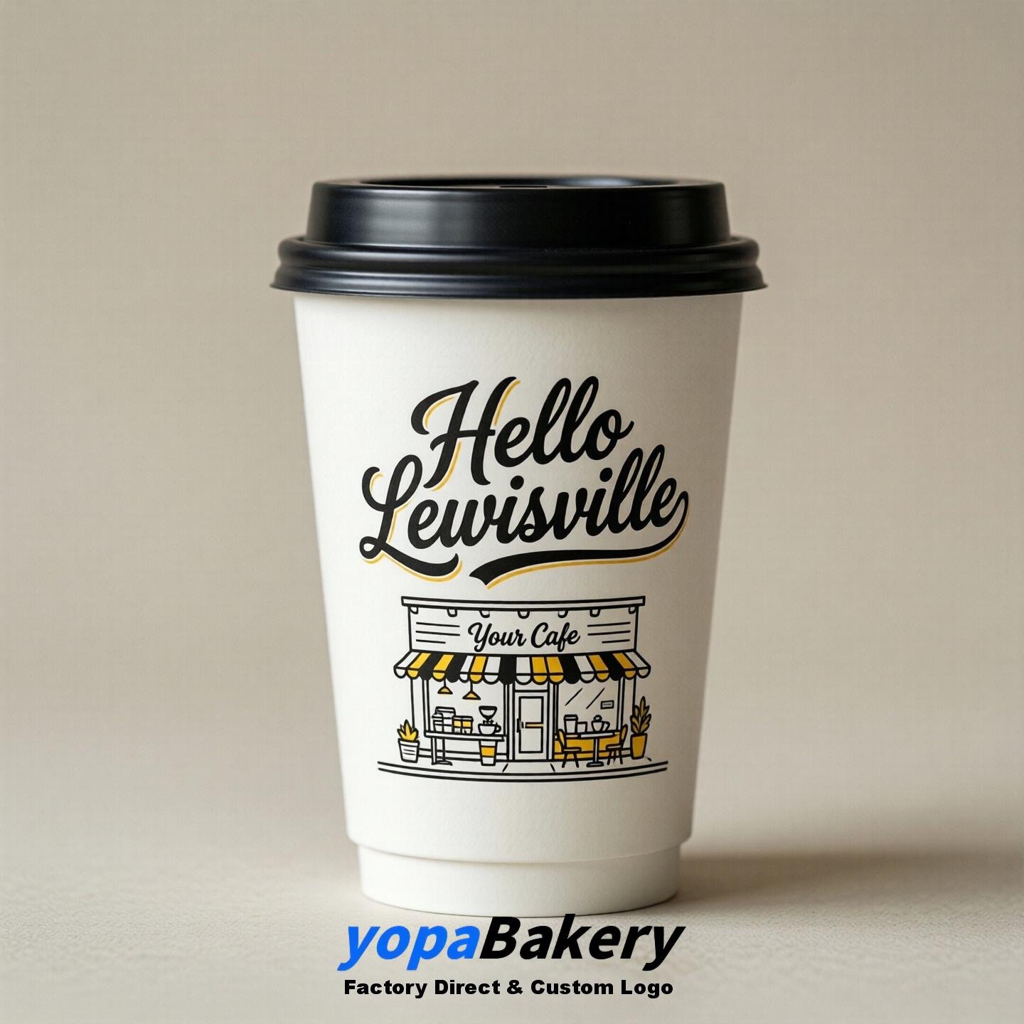 'Welcome to Lewisville' Paper Coffee Cups | Lewisville Cafe Packaging Design Firm
