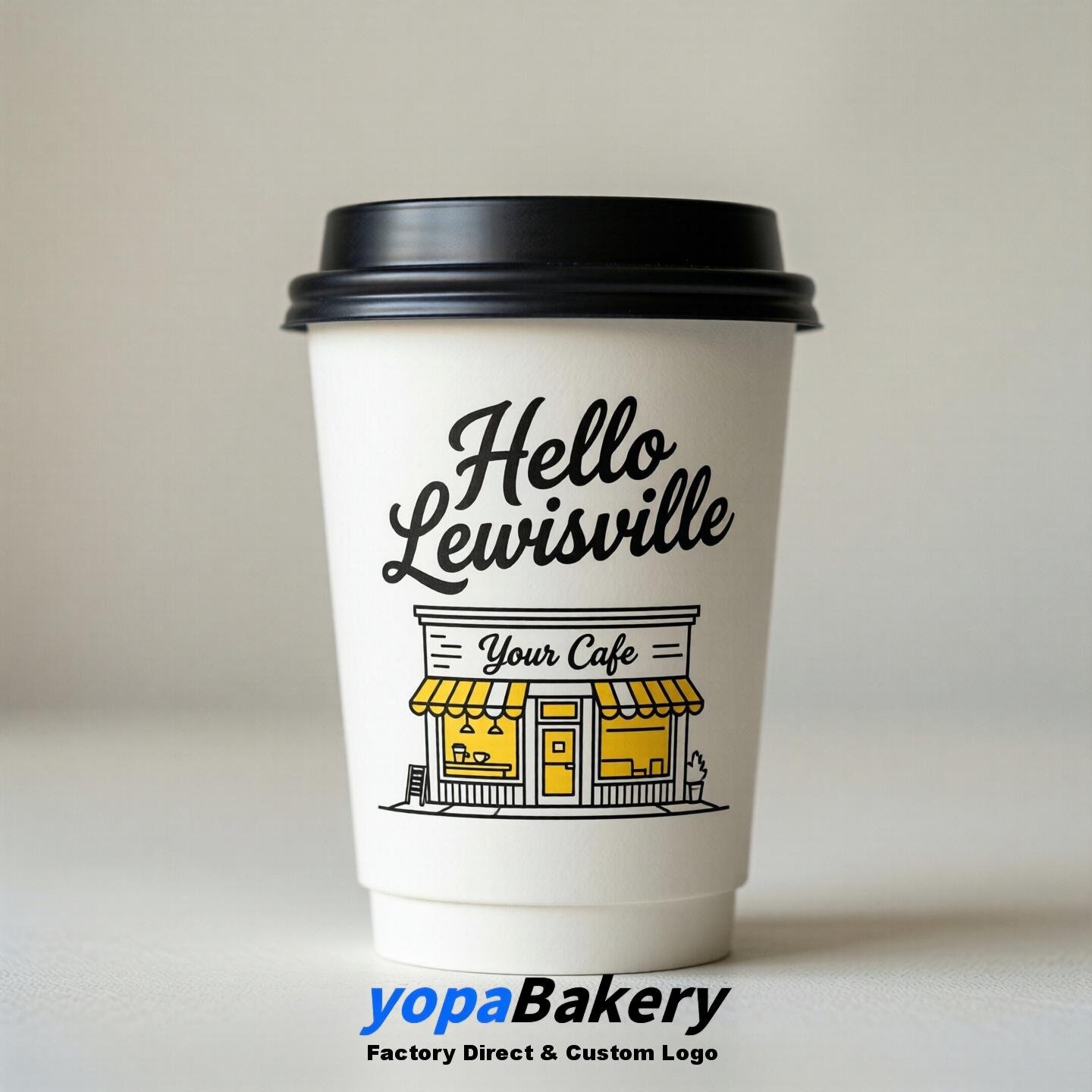 'Welcome to Lewisville' Paper Coffee Cups | Lewisville Cafe Packaging Design Firm