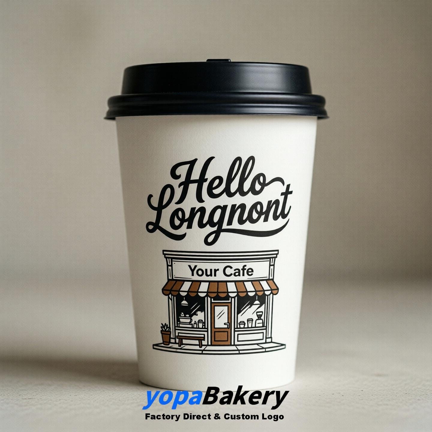 'Hello Longmont' Paper Coffee Cups | Longmont Cafe Packaging Design Agency
