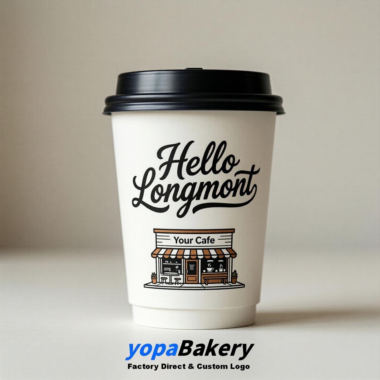 'Hello Longmont' Paper Coffee Cups | Longmont Cafe Packaging Design Agency