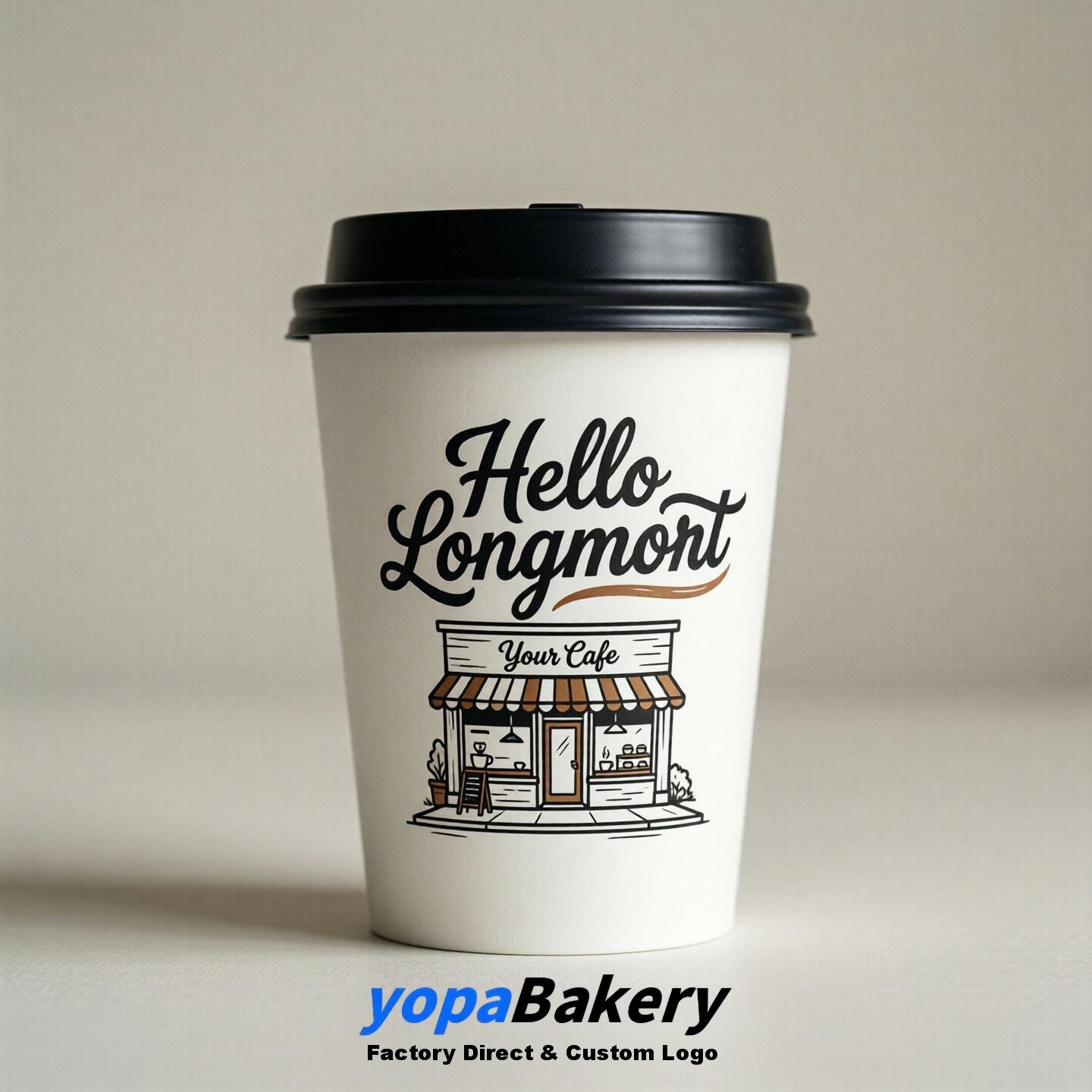 'Hello Longmont' Paper Coffee Cups | Longmont Cafe Packaging Design Agency