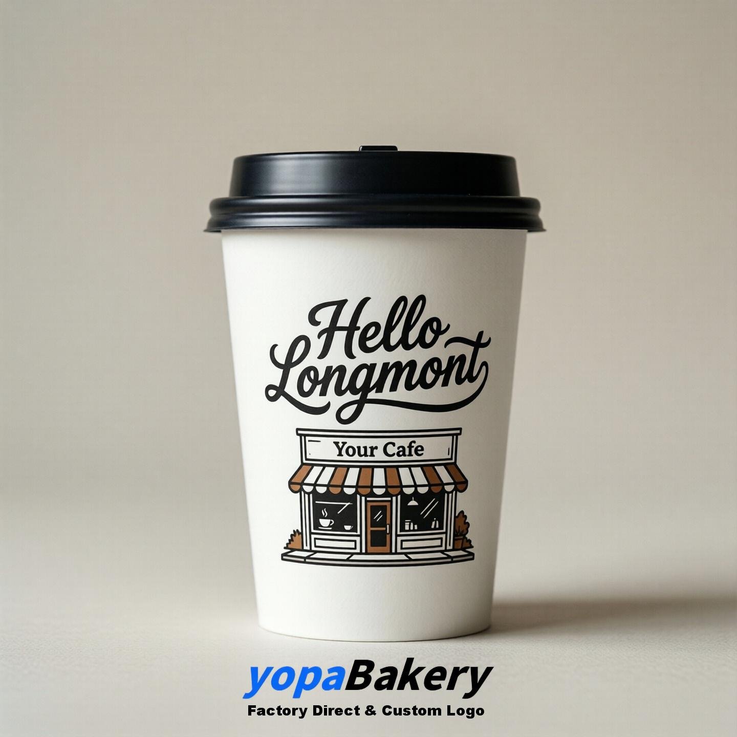 'Hello Longmont' Paper Coffee Cups | Longmont Cafe Packaging Design Agency