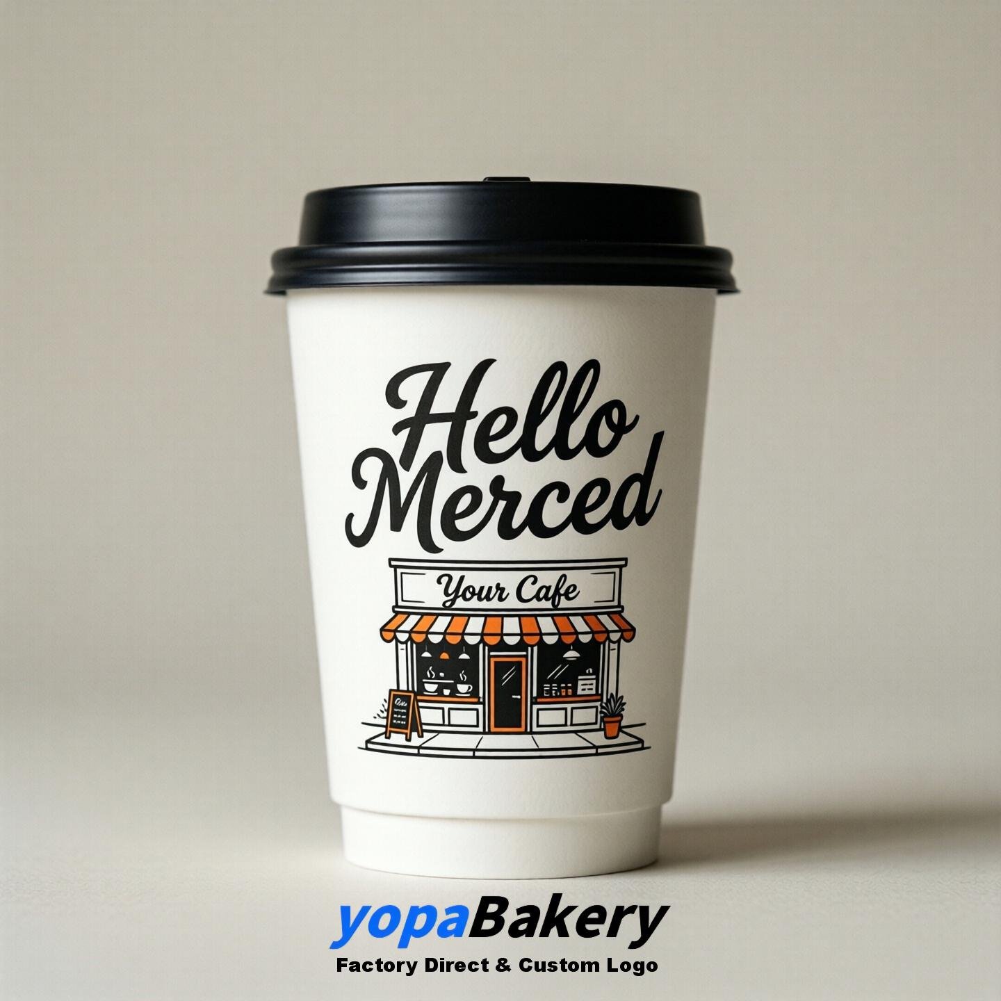 'Hello Merced' Paper Coffee Cups | Merced Cafe Packaging Design Agency