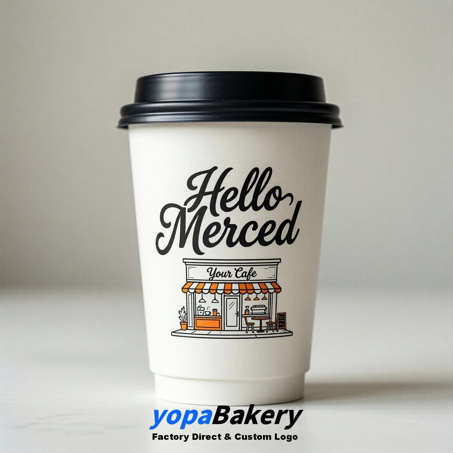 'Hello Merced' Paper Coffee Cups | Merced Cafe Packaging Design Agency