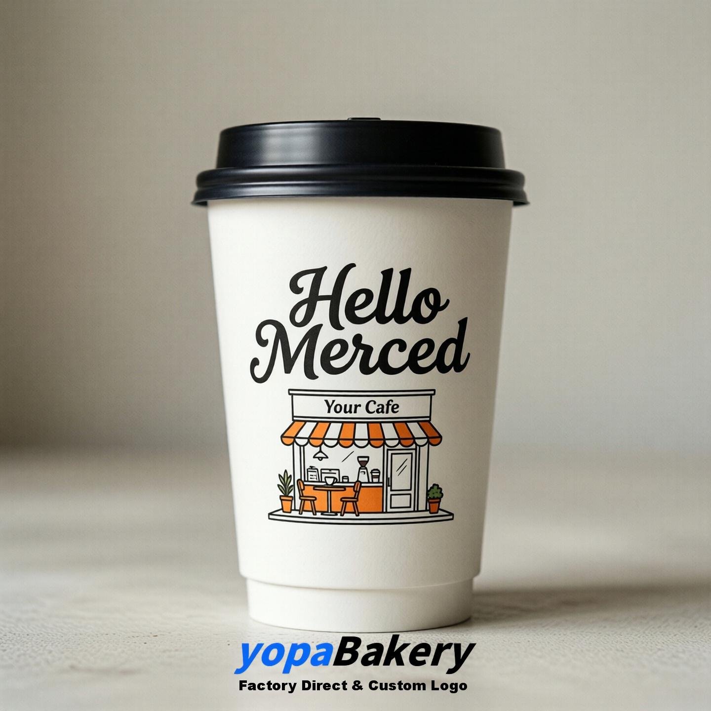 'Hello Merced' Paper Coffee Cups | Merced Cafe Packaging Design Agency