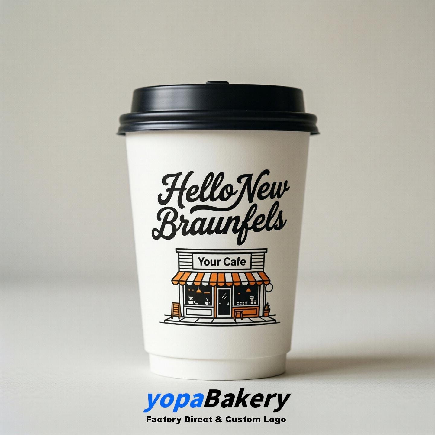 'Hello New Braunfels' Paper Coffee Cups | New Braunfels Cafe Packaging Design Agency