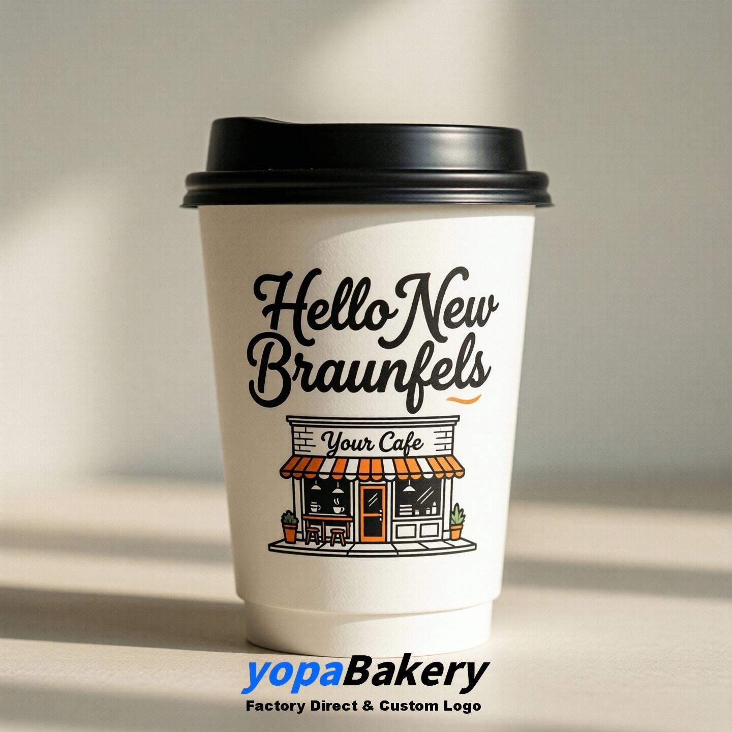 'Hello New Braunfels' Paper Coffee Cups | New Braunfels Cafe Packaging Design Agency