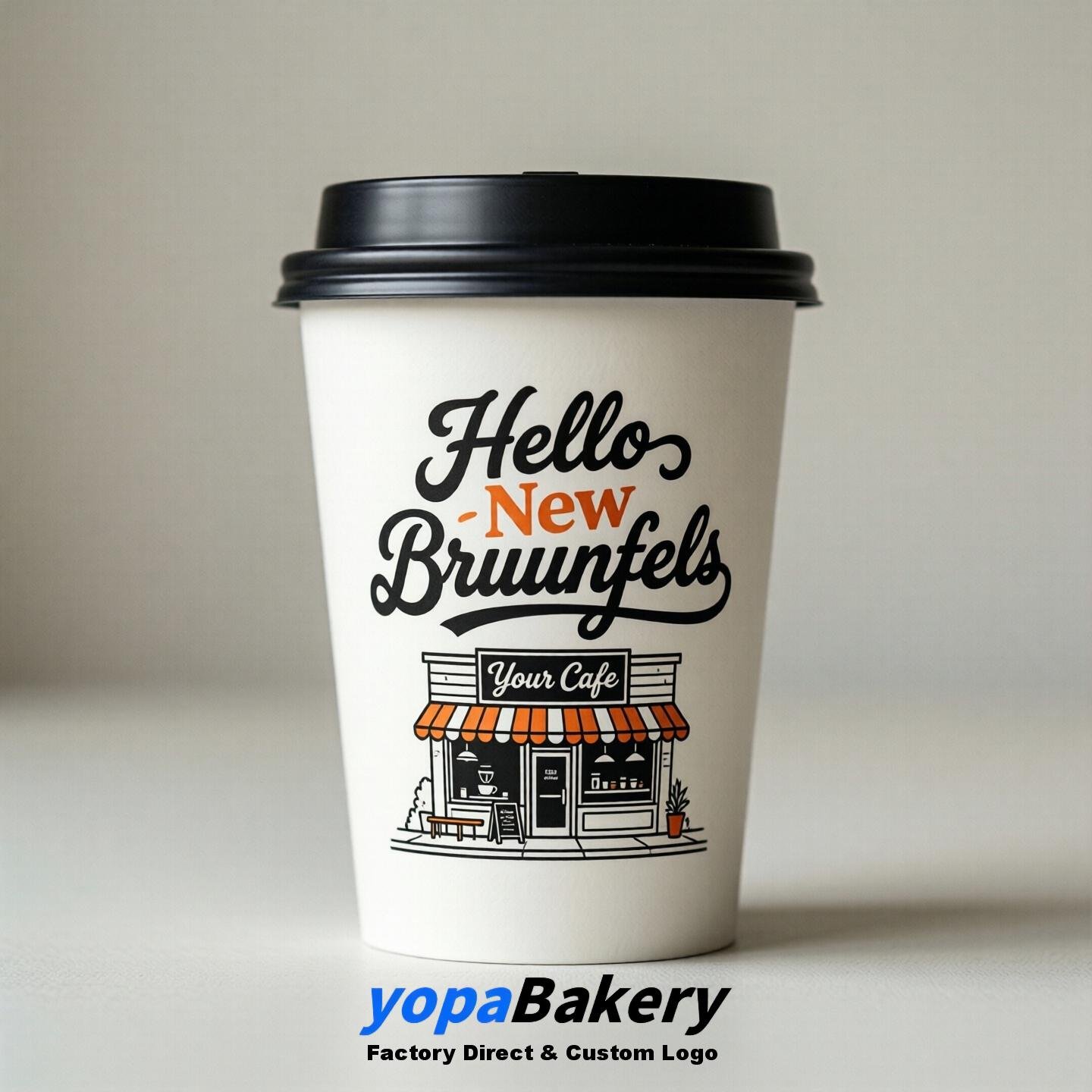 'Hello New Braunfels' Paper Coffee Cups | New Braunfels Cafe Packaging Design Agency