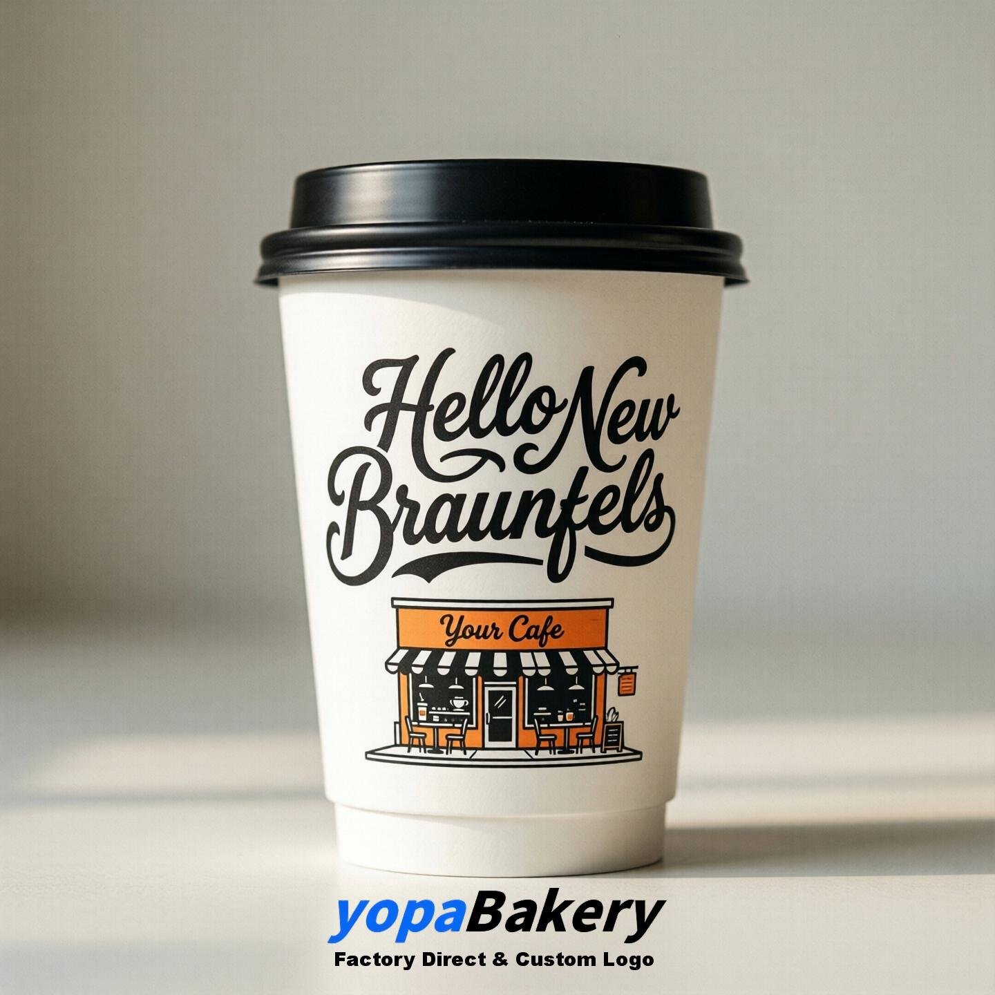 'Hello New Braunfels' Paper Coffee Cups | New Braunfels Cafe Packaging Design Agency
