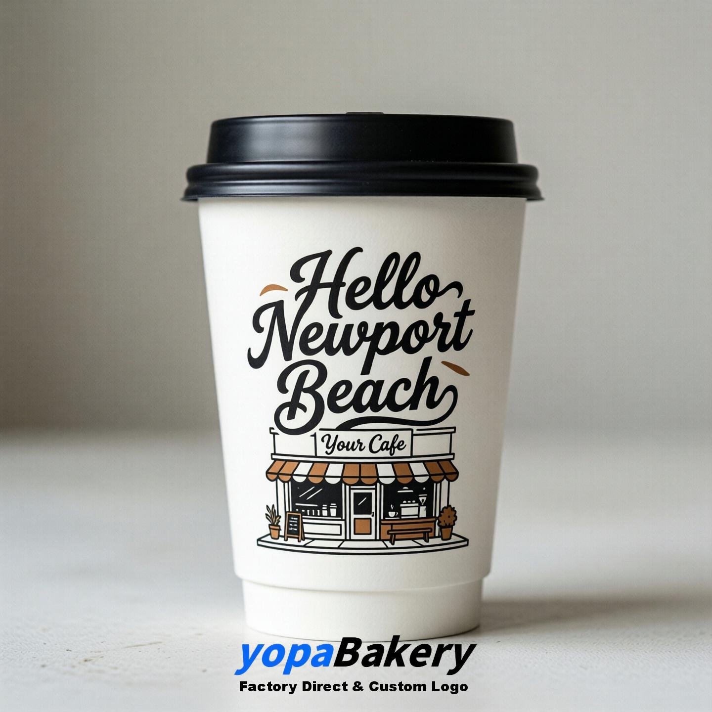 'Hello Newport Beach' Paper Coffee Cups | Newport Beach Cafe Packaging Design Agency