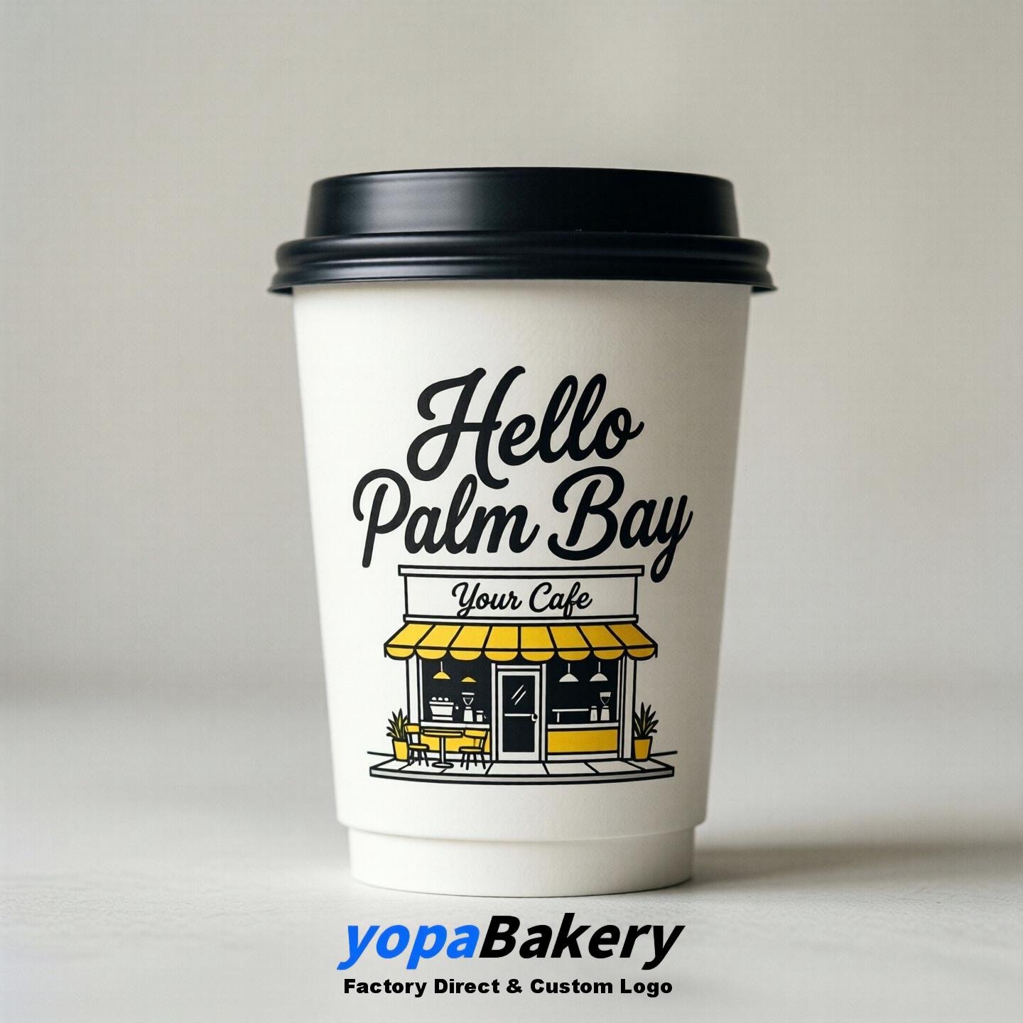 'Welcome to Palm Bay' Paper Coffee Cups | Palm Bay Cafe Packaging Design Firm