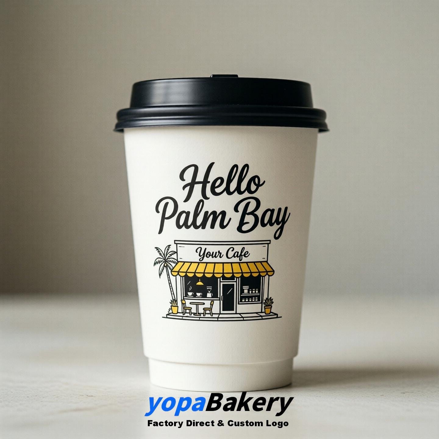 'Welcome to Palm Bay' Paper Coffee Cups | Palm Bay Cafe Packaging Design Firm