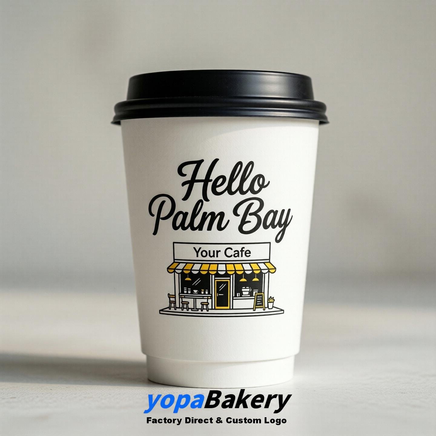 'Welcome to Palm Bay' Paper Coffee Cups | Palm Bay Cafe Packaging Design Firm