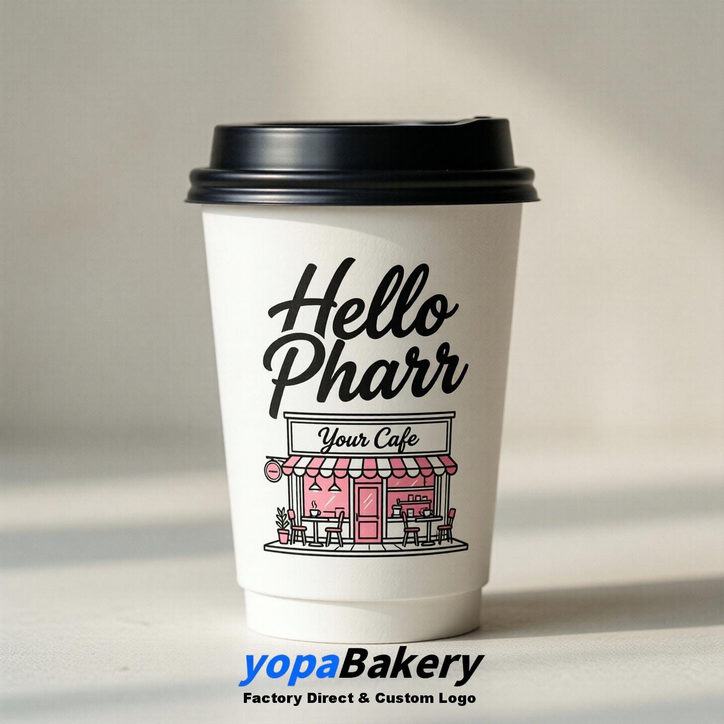 'Hello Pharr' Paper Coffee Cups | Pharr Cafe Packaging Design Agency