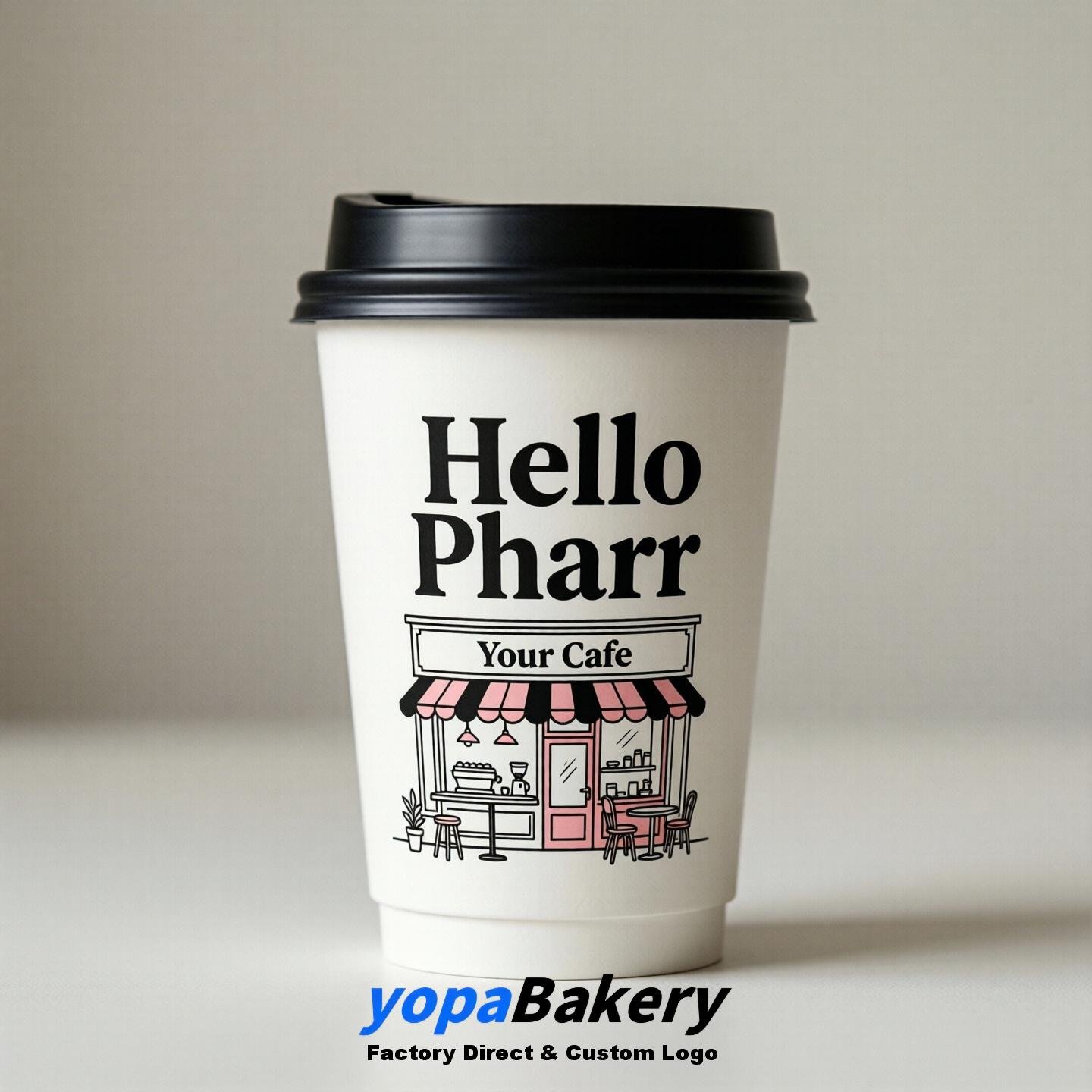 'Hello Pharr' Paper Coffee Cups | Pharr Cafe Packaging Design Agency
