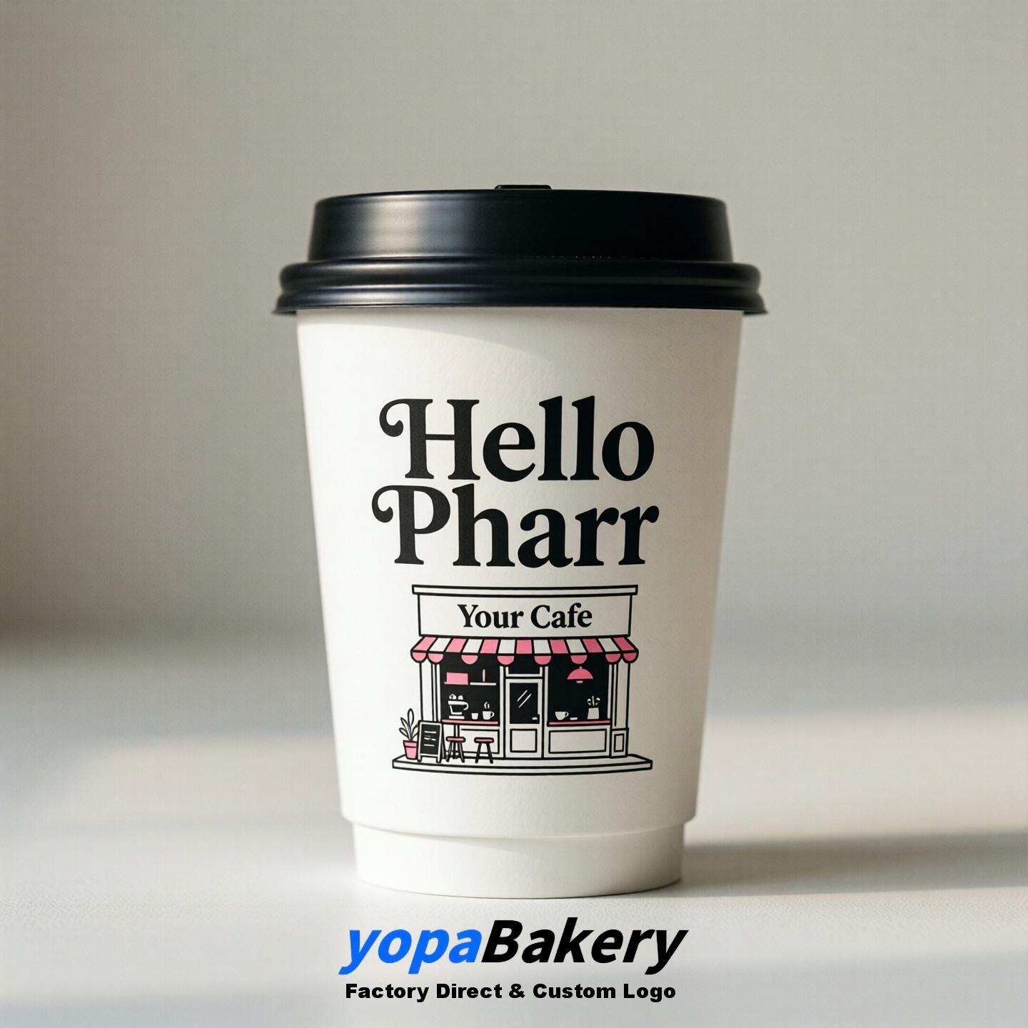 'Hello Pharr' Paper Coffee Cups | Pharr Cafe Packaging Design Agency