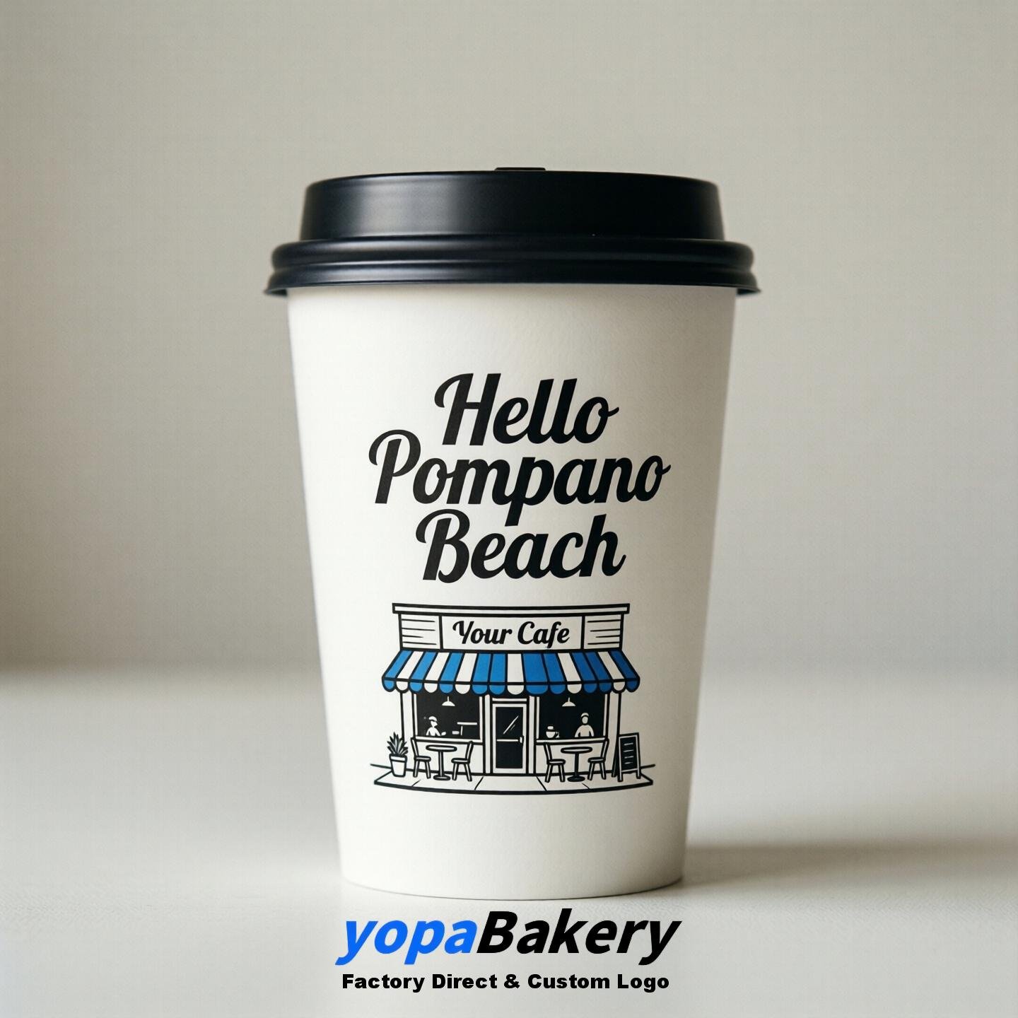 'Welcome to Pompano Beach' Paper Coffee Cups | Pompano Beach Cafe Packaging Design Firm