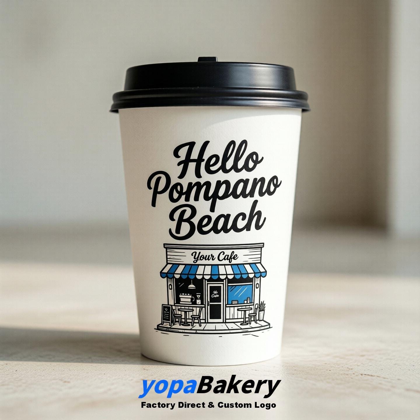 'Welcome to Pompano Beach' Paper Coffee Cups | Pompano Beach Cafe Packaging Design Firm