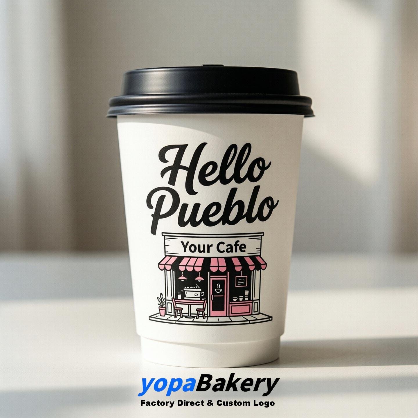 "Welcome to Pueblo" Paper Coffee Cups | Pueblo Cafe Packaging Design Firm