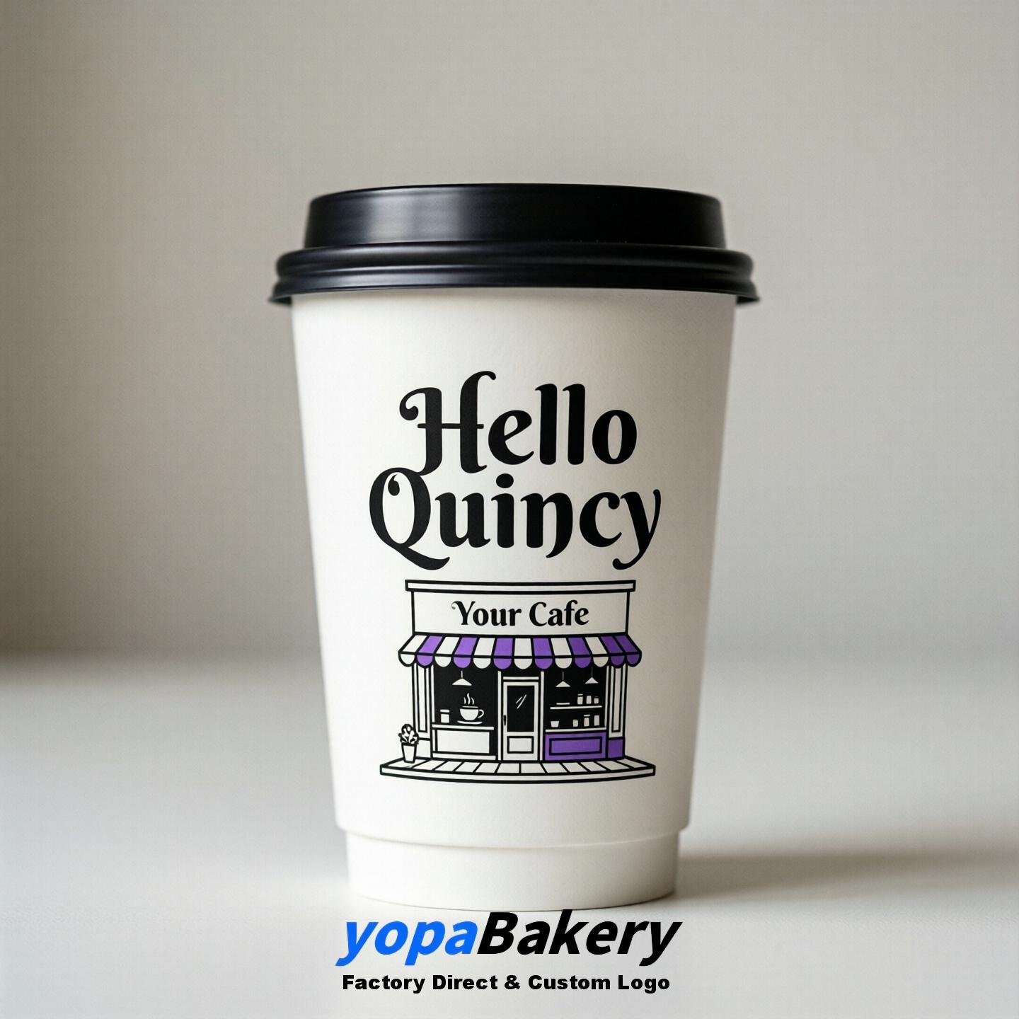 'Welcome to Quincy' Paper Coffee Cups | Quincy Cafe Packaging Design Firm