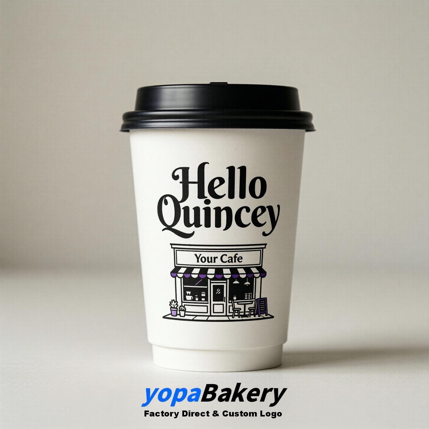 'Welcome to Quincy' Paper Coffee Cups | Quincy Cafe Packaging Design Firm