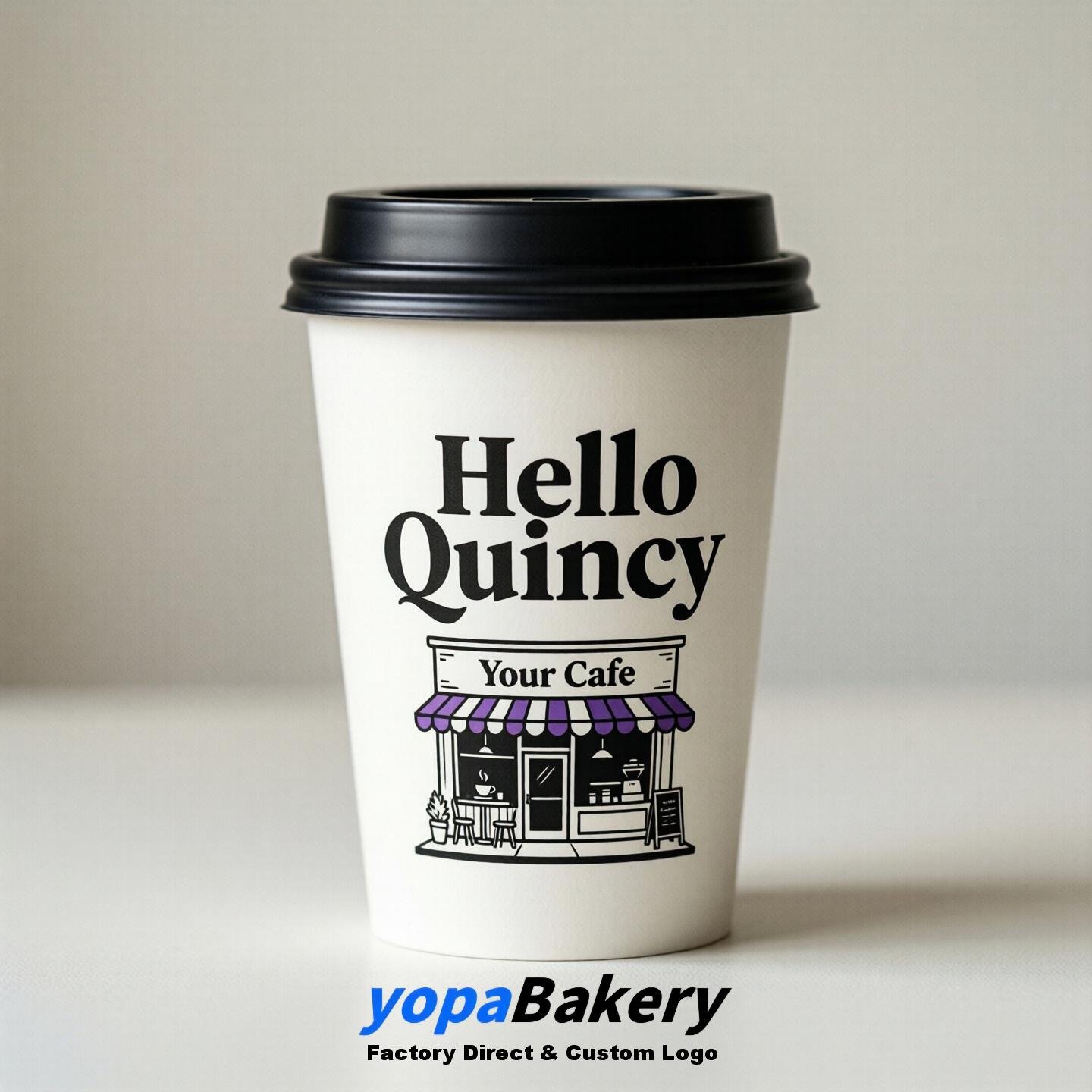 'Welcome to Quincy' Paper Coffee Cups | Quincy Cafe Packaging Design Firm